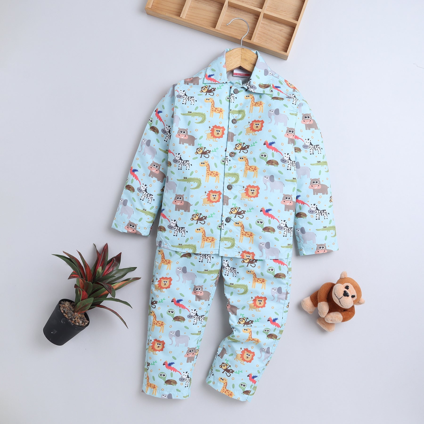 BAATCHEET Cotton Full Sleeves Animal Printed Night Suit Set - Blue