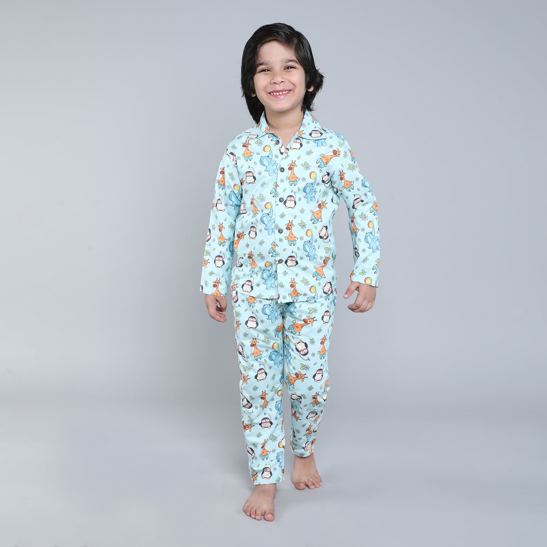 BAATCHEET Cotton Full Sleeves Jungle Theme Night Suit Set - Blue