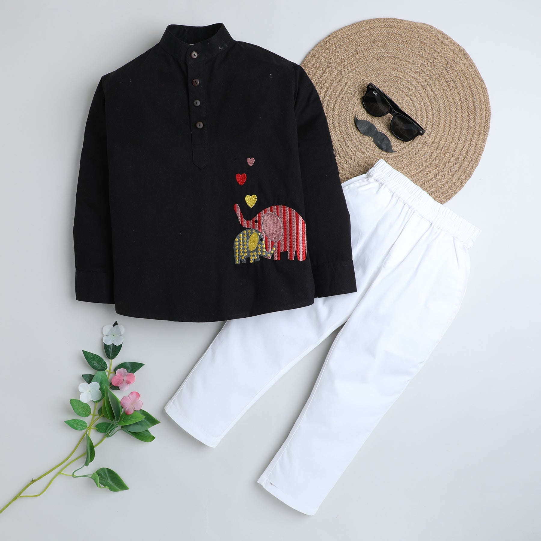 BAATCHEET Cotton Full Sleeves Elephant Embroidery Short Kurta and Pant Set - Black