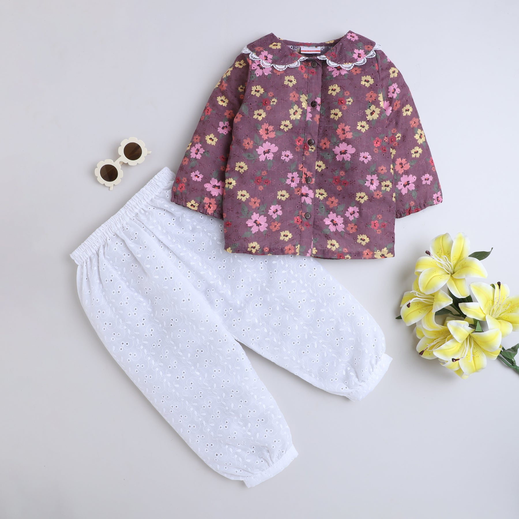 BAATCHEET Cotton HakobaThree Fourth Sleeves Blossom Printed Peter Pan Collar Top And Pant- Brown