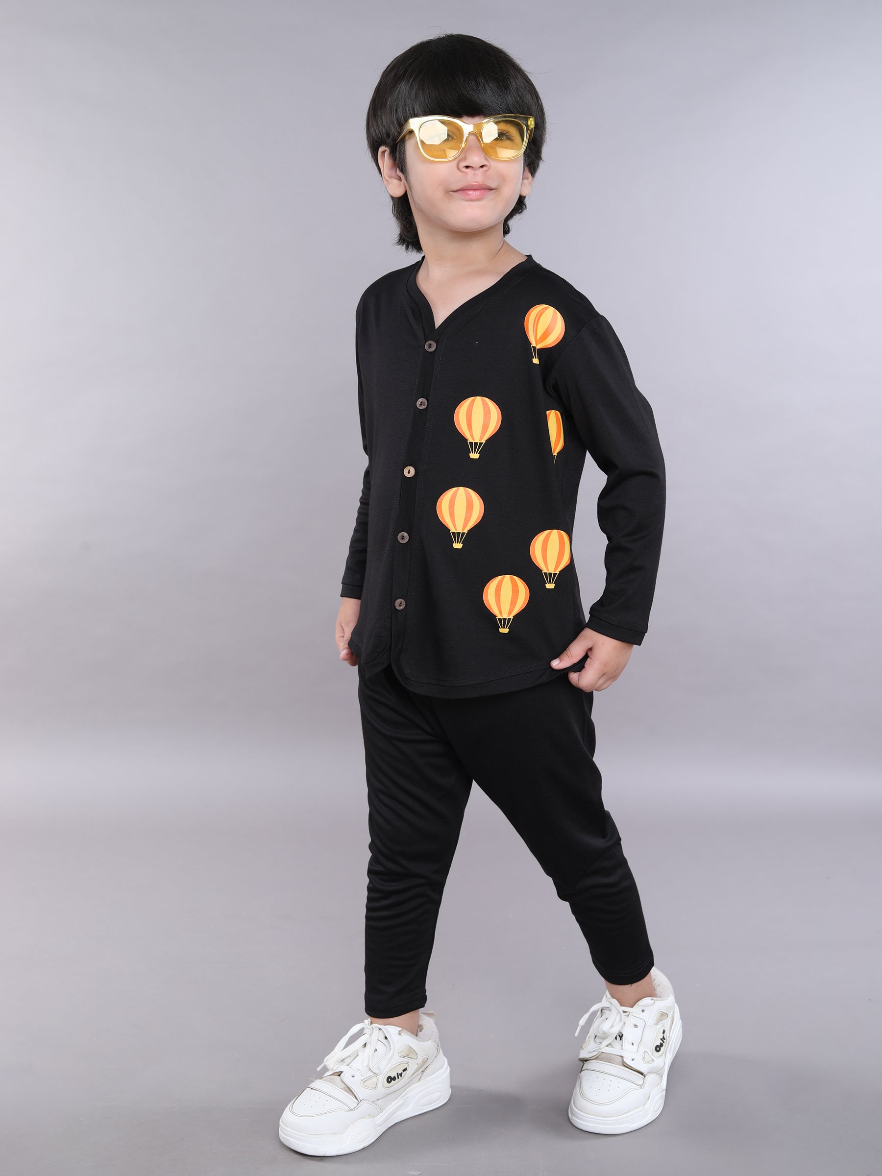 BAATCHEET Cotton Knit Full Sleeves Parachute Printed T-Shirt and Pant Set - Black