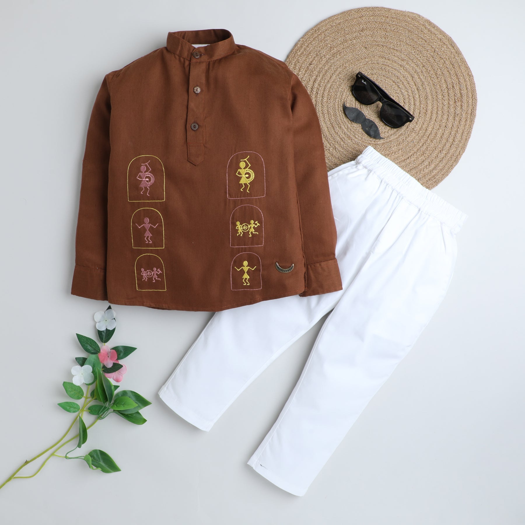 BAATCHEET Cotton Full Sleeves Warli Embroidery Short Kurta and Pant Set - Brown