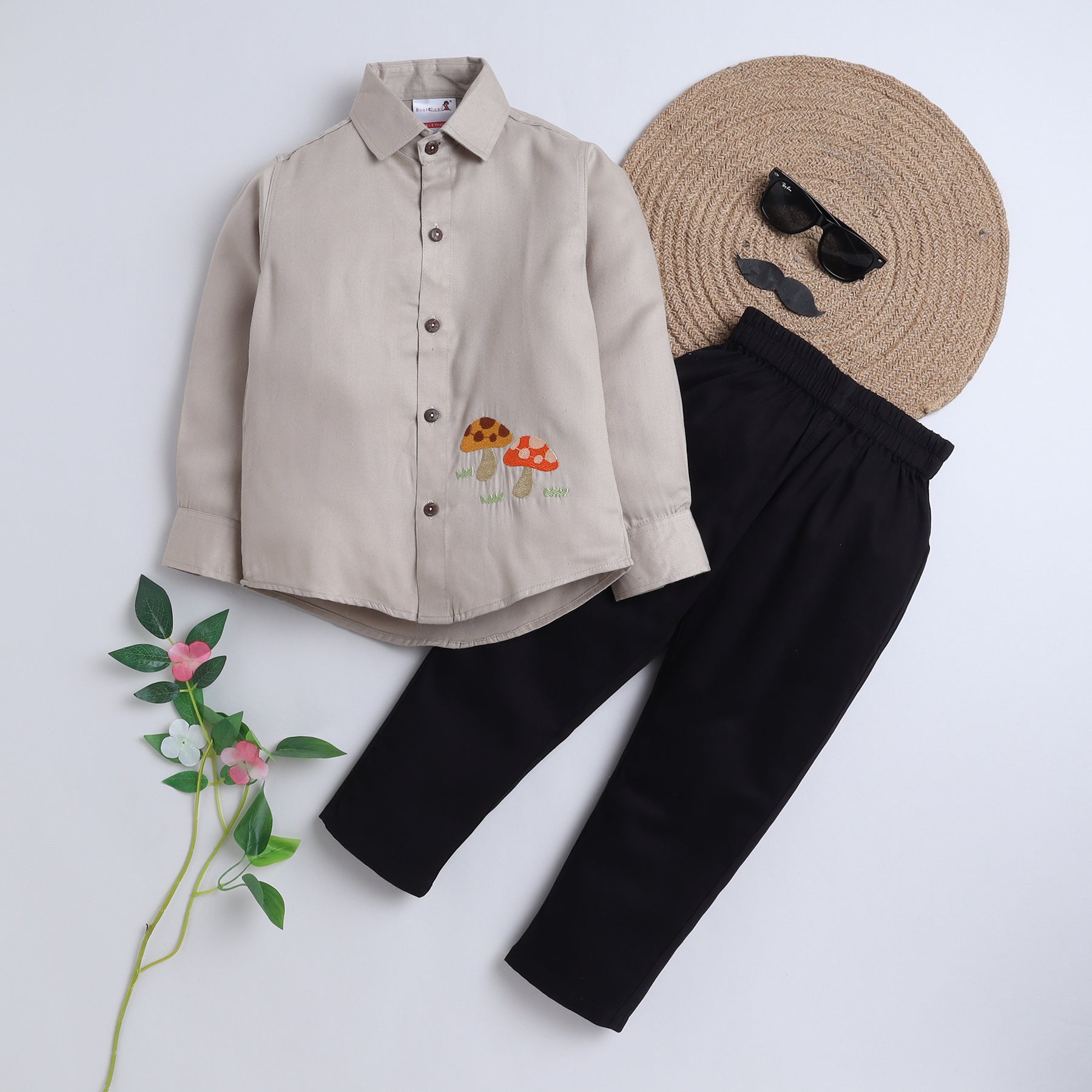 BAATCHEET Cotton Full Sleeves Mushroom Embroidery Shirt and Pant Set - Grey