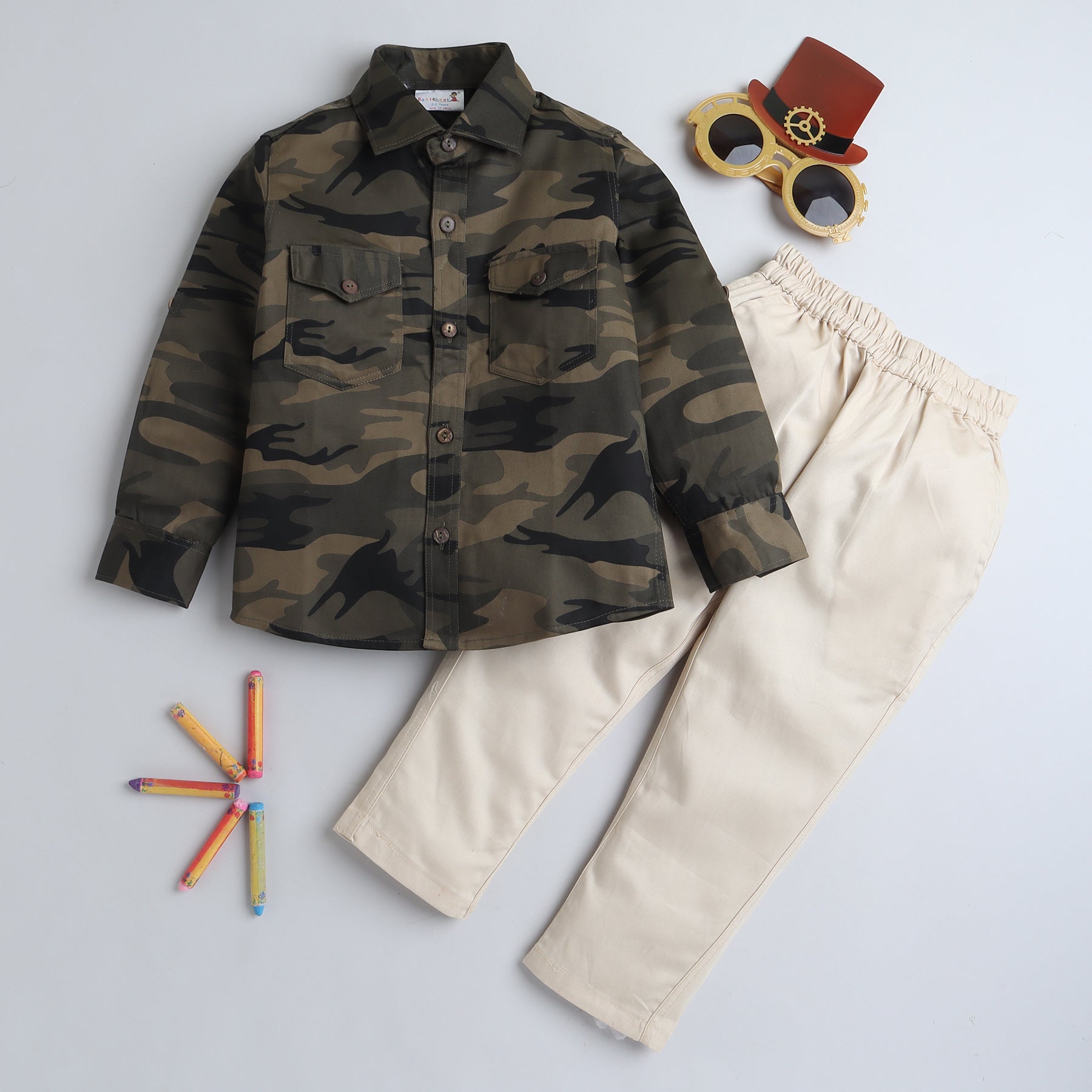 BAATCHEET Cotton Full Sleeves Military Printed Shirt and Pant Set - Green