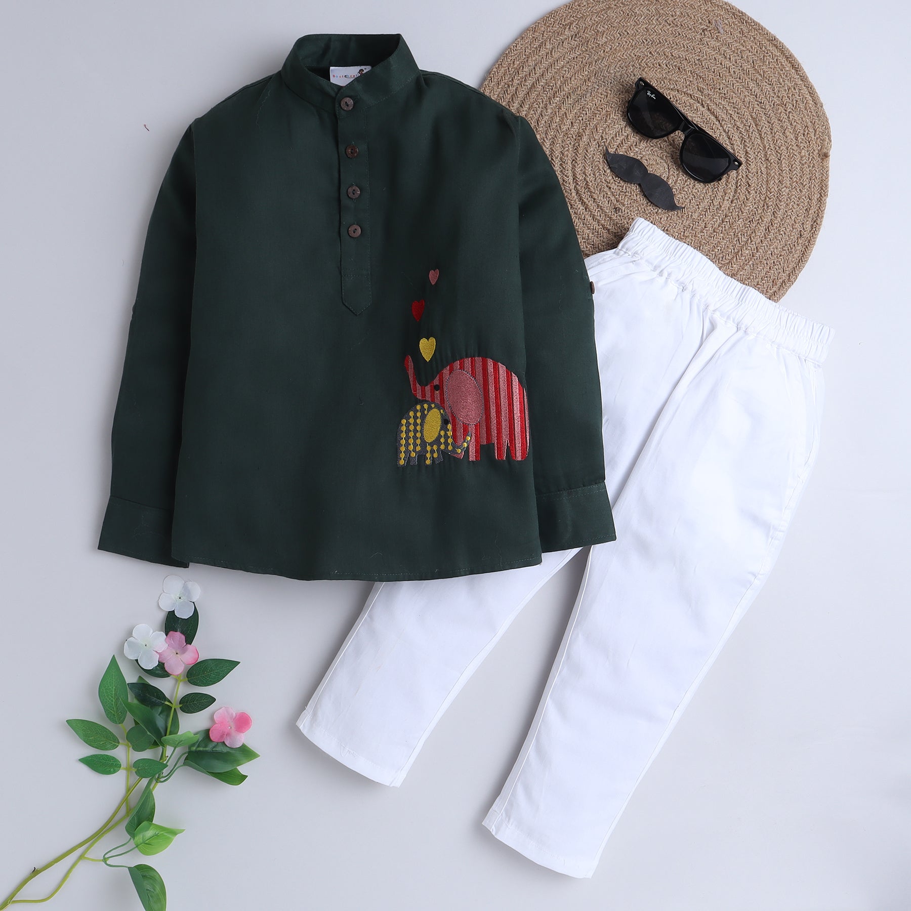 BAATCHEET Cotton Full Sleeves Elephant Embroidery Short Kurta and Pant Set - Green