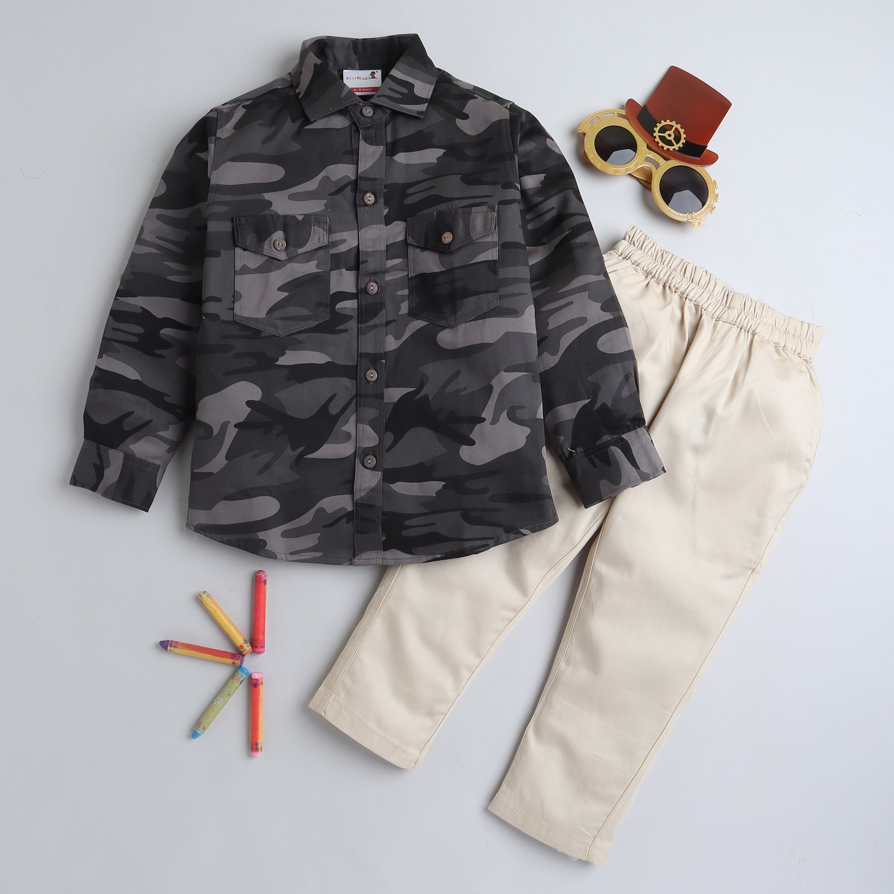 BAATCHEET Cotton Full Sleeves Military Printed Shirt and Pant Set - Grey