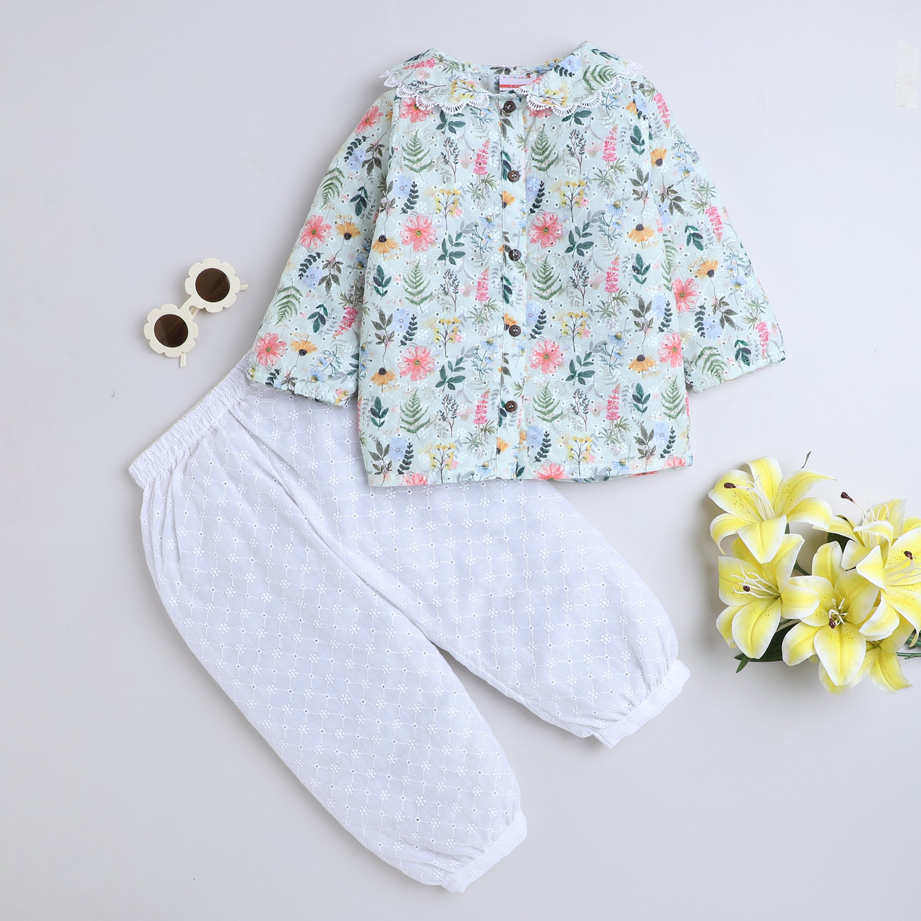 BAATCHEET Cotton HakobaThree Fourth Sleeves Blossom Printed Peter Pan Collar Top And Pant- Green