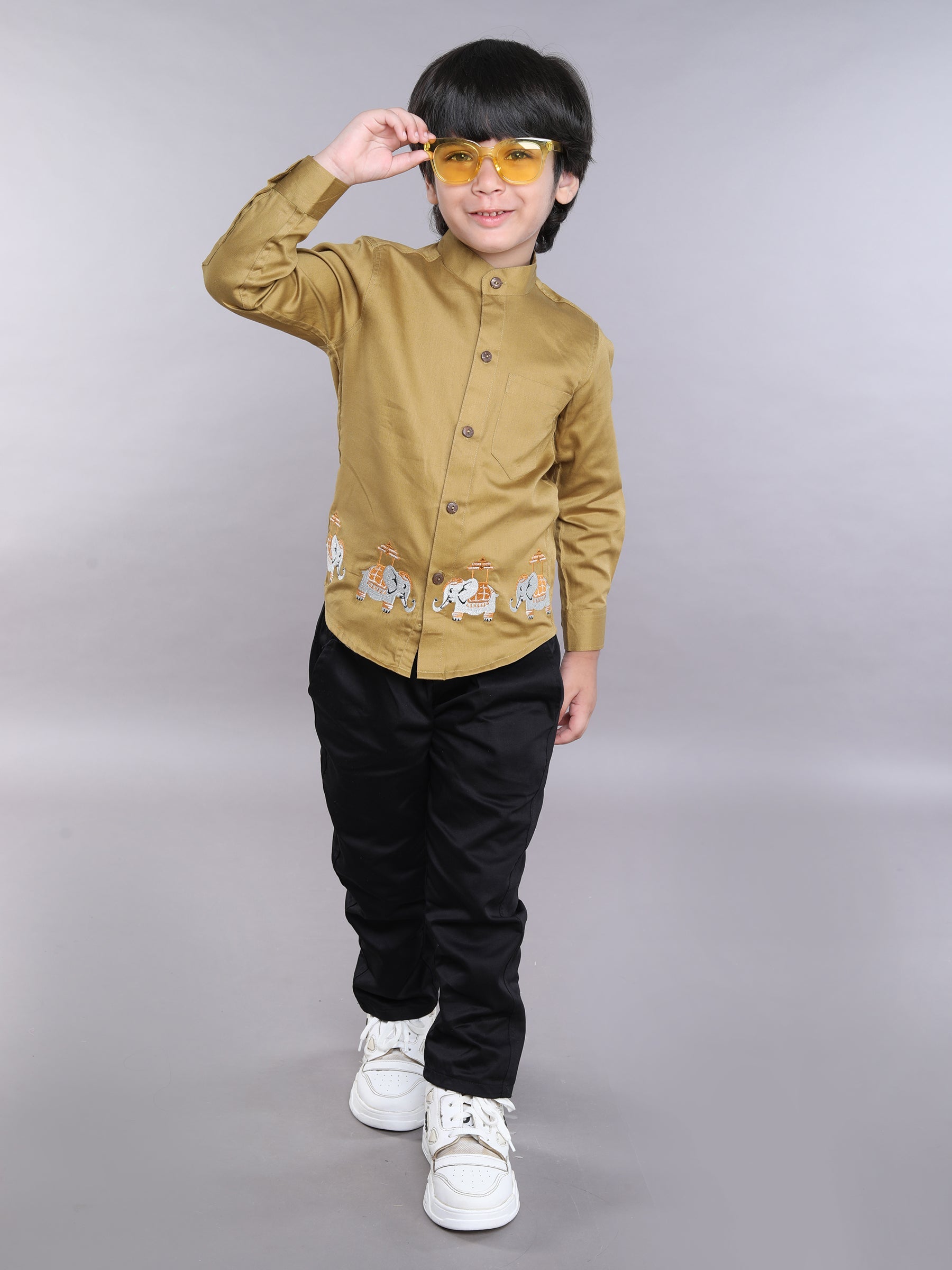BAATCHEET Cotton Full Sleeves Elephant Embroided Shirt With Pant- Khaki