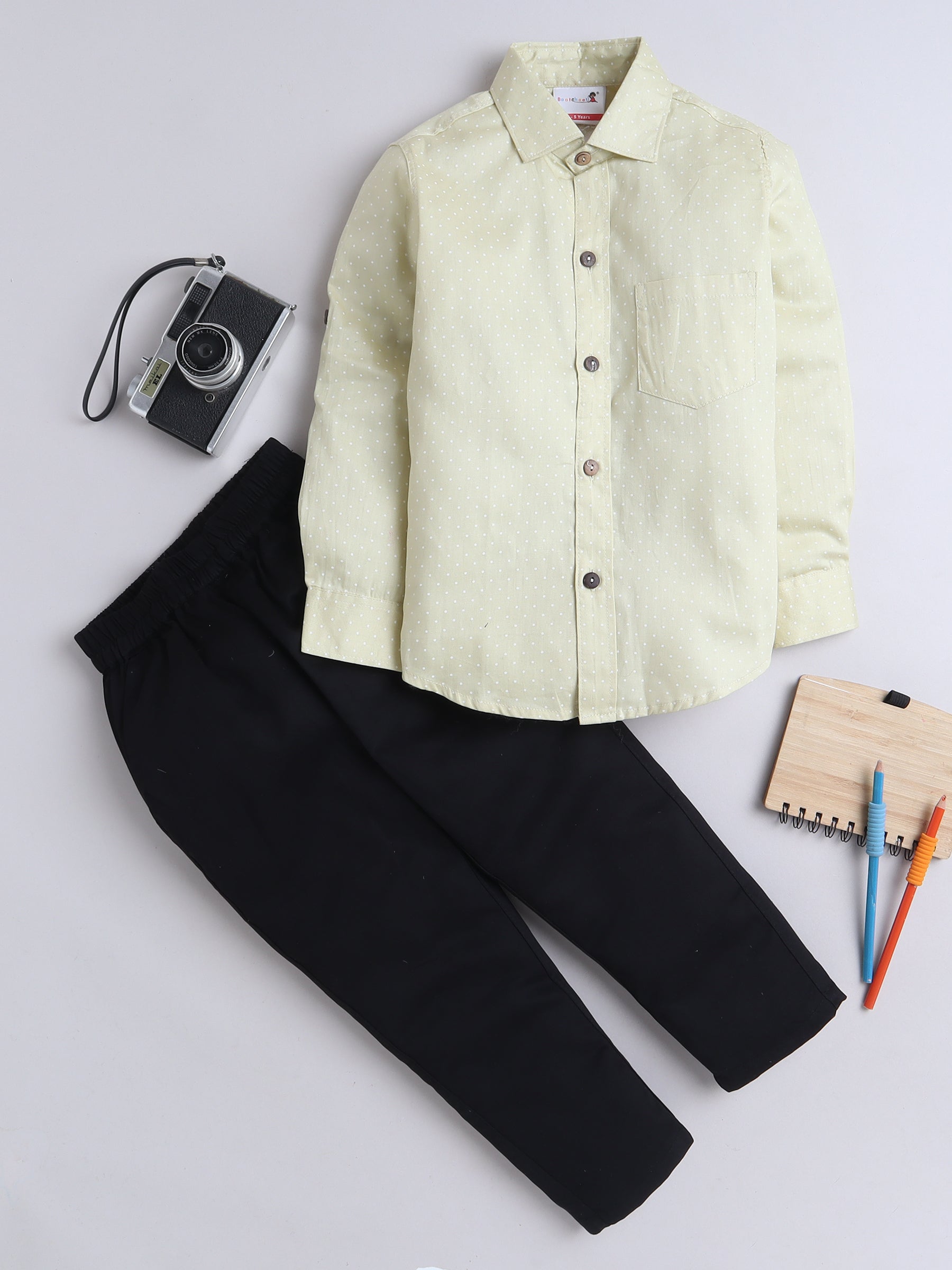 BAATCHEET COTTON FULL SLEEVES POL DOT PRINTED SHIRT WITH PANT- LEMON