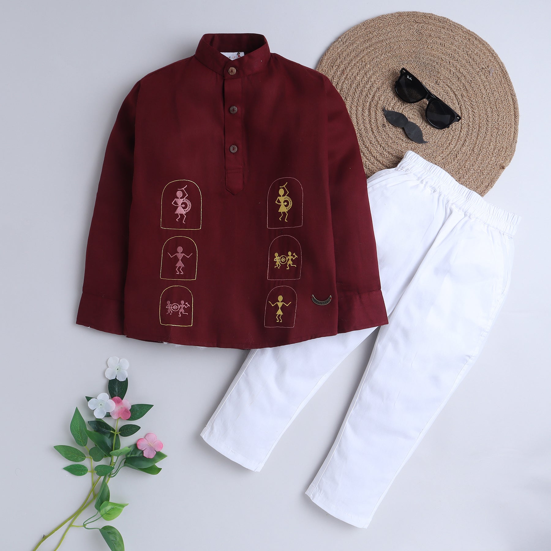 BAATCHEET Cotton Full Sleeves Warli Embroidery Short Kurta and Pant Set - Maroon