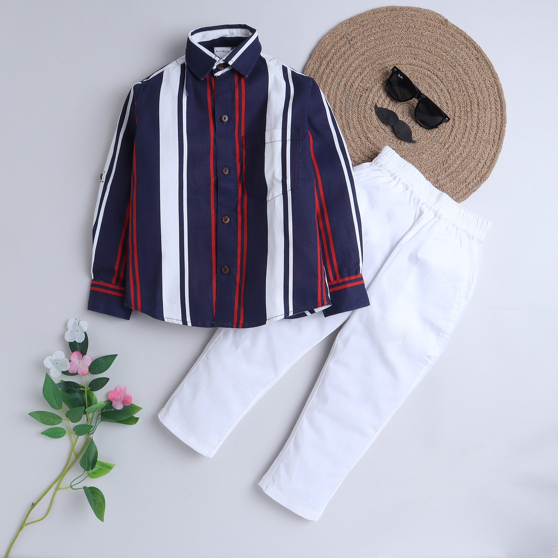 BAATCHEET Cotton Denim Full Sleeves Striped Printed Shirt With Pant- Navy