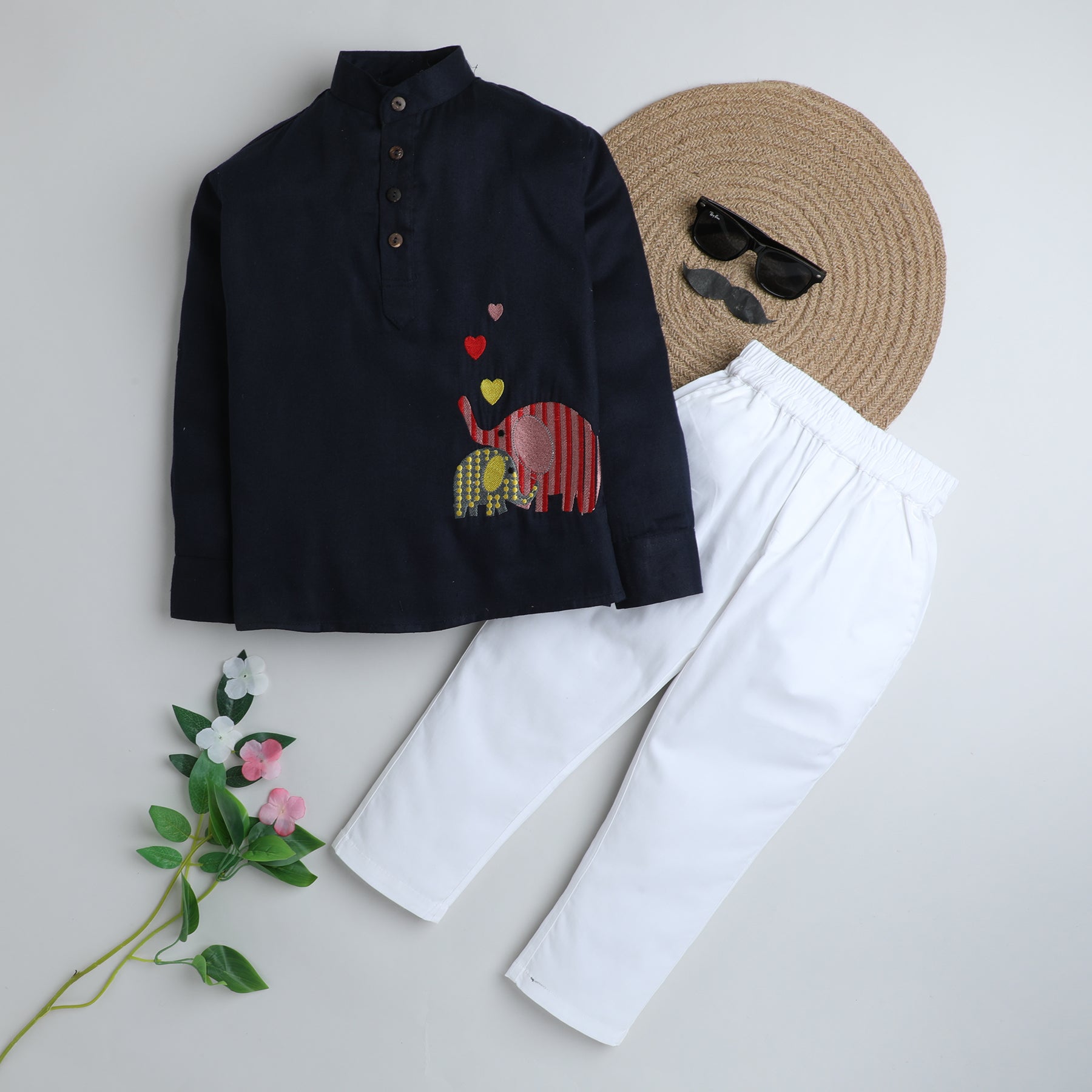 BAATCHEET Cotton Full Sleeves Elephant Embroidery Short Kurta and Pant Set - Navy