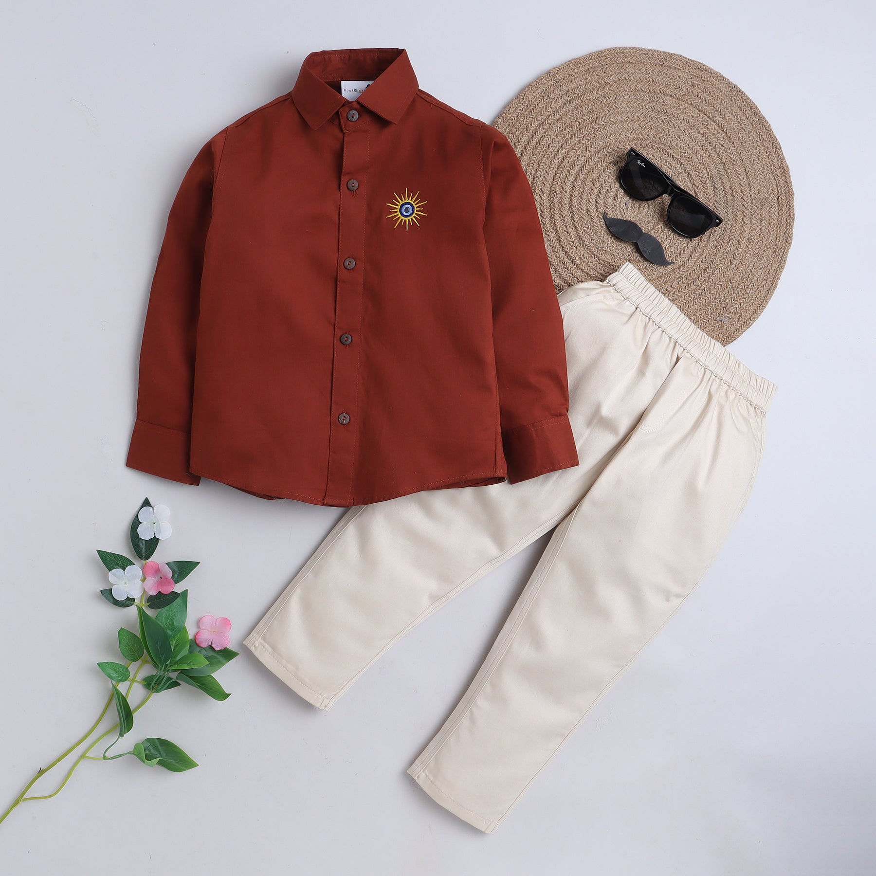 BAATCHEET Cotton Full Sleeves Evileye Embroidery Shirt and Pant Set - Orange