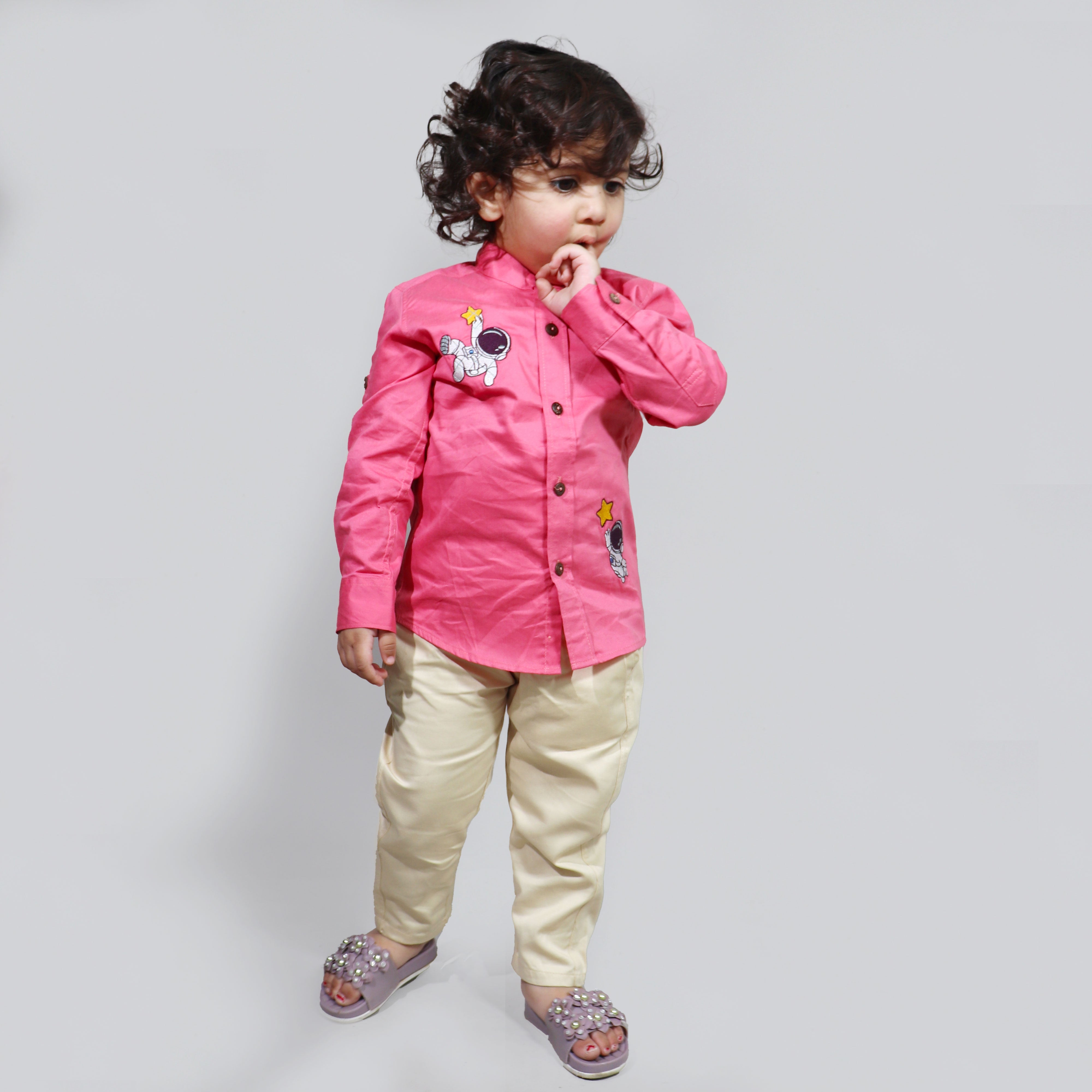 BAATCHEET Cotton Full Sleeves Astronaut Embroided Shirt With Pant- Pink