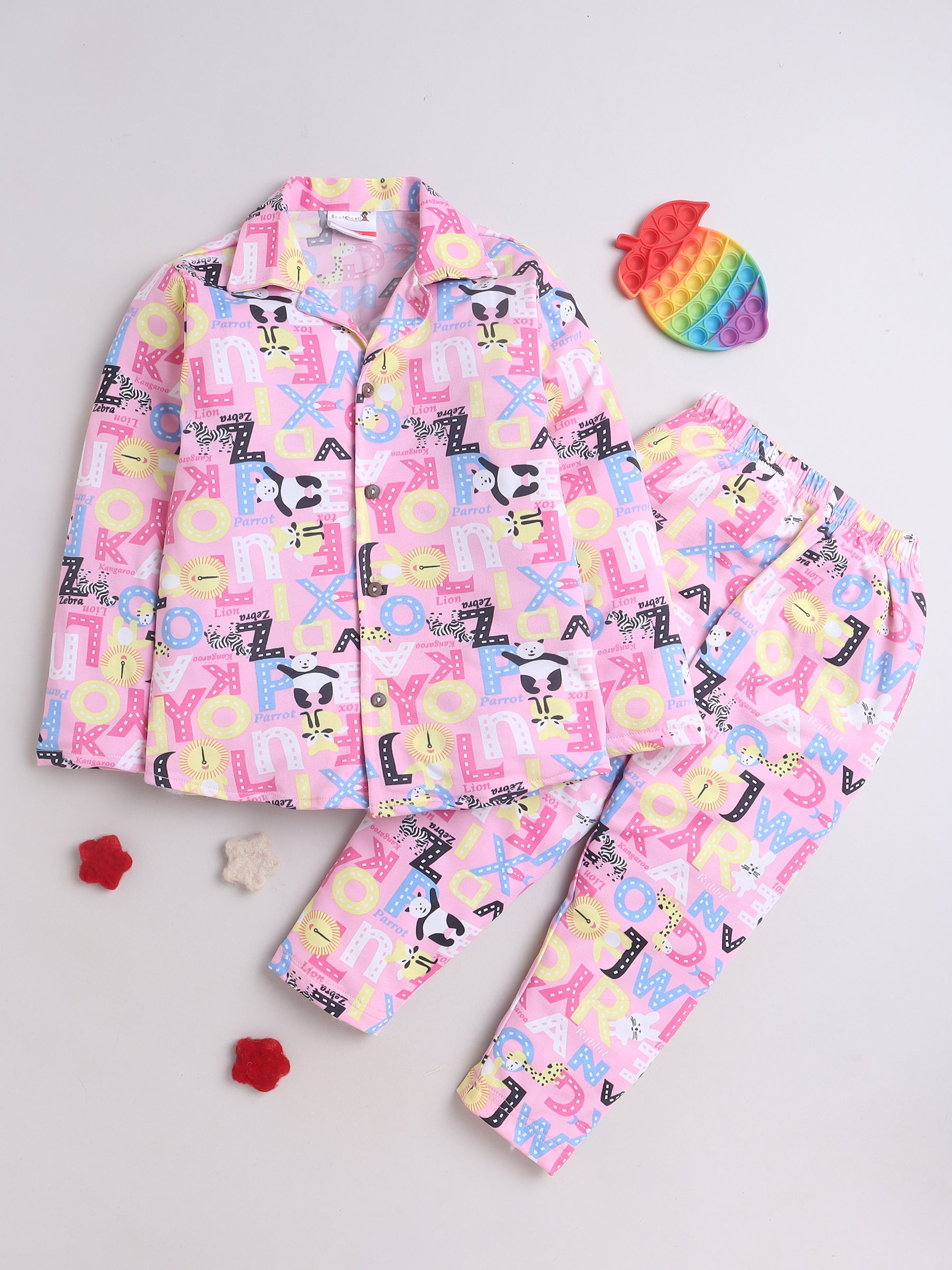 BAATCHEET Cotton Knit Full Sleeves Nursery Printed Shirt and Pant Set - Pink
