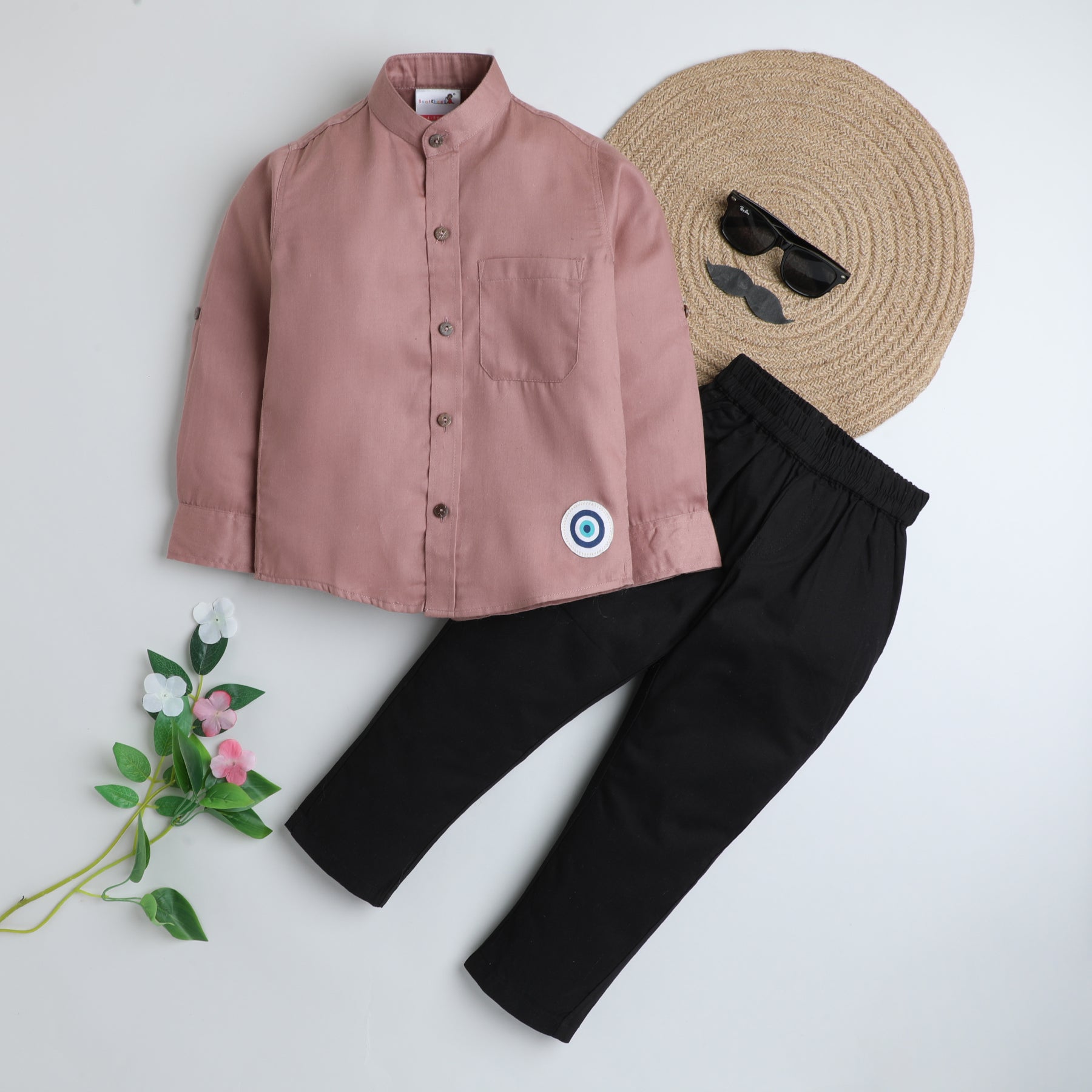 BAATCHEET Cotton Full Sleeves Evileye Patch Solid Shirt With Pant- Plum