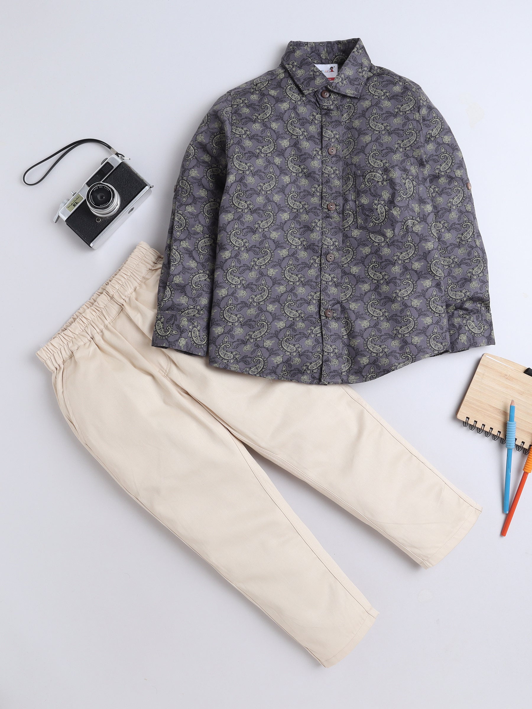 BAATCHEET COTTON FULL SLEEVES ETHNIC PRINT SHIRT WITH PANT - SLATE GREY