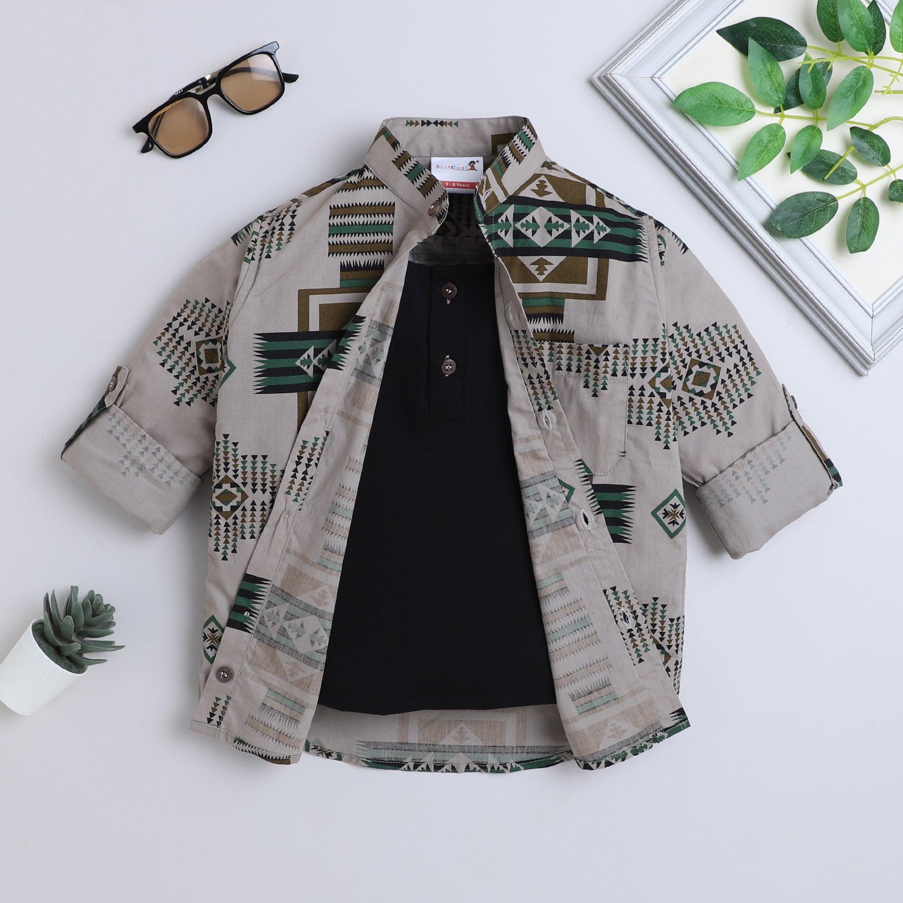 BAATCHEET Cotton Full Sleeves Abstract Printed Shirt With Attached T-shirt  - Brown