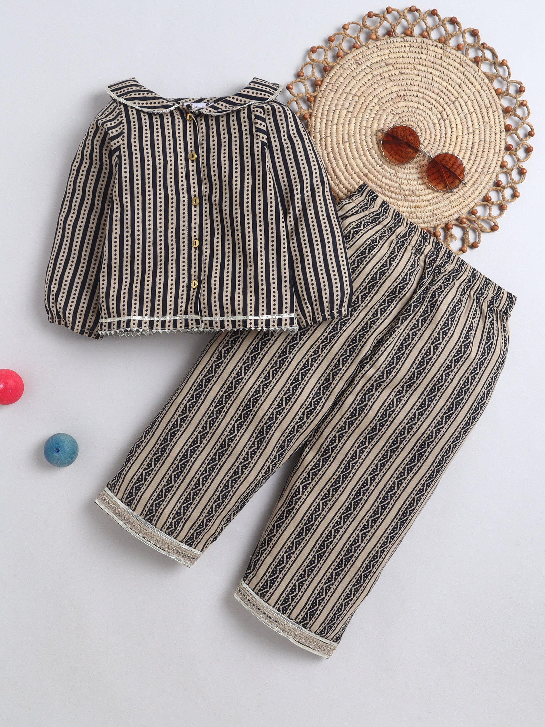 BAATCHEET Cotton Woven Three Fourth Sleeves Motif Printed Embellished Top and Pajama Set- Beige
