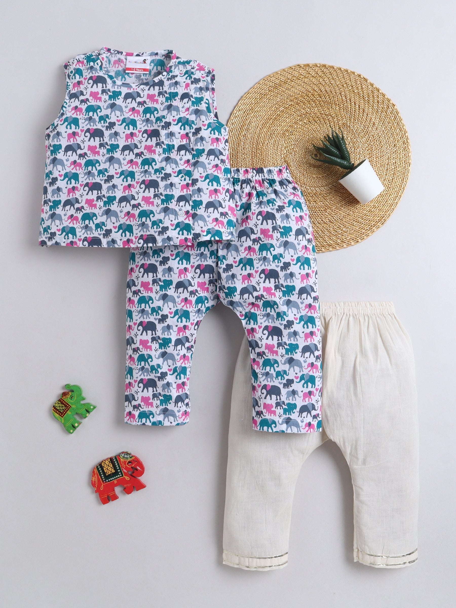 BAATCHEET Cottton Pack Of 3 Sleeveless Elephant Printed Jhabla Pyjamas Set- Blue 1