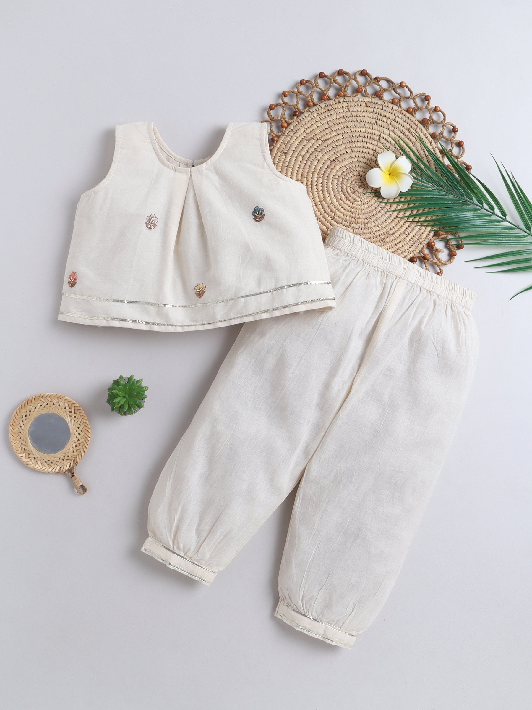 BAATCHEET Cottton  Sleeveless Embroided Top and Pajama- Off white