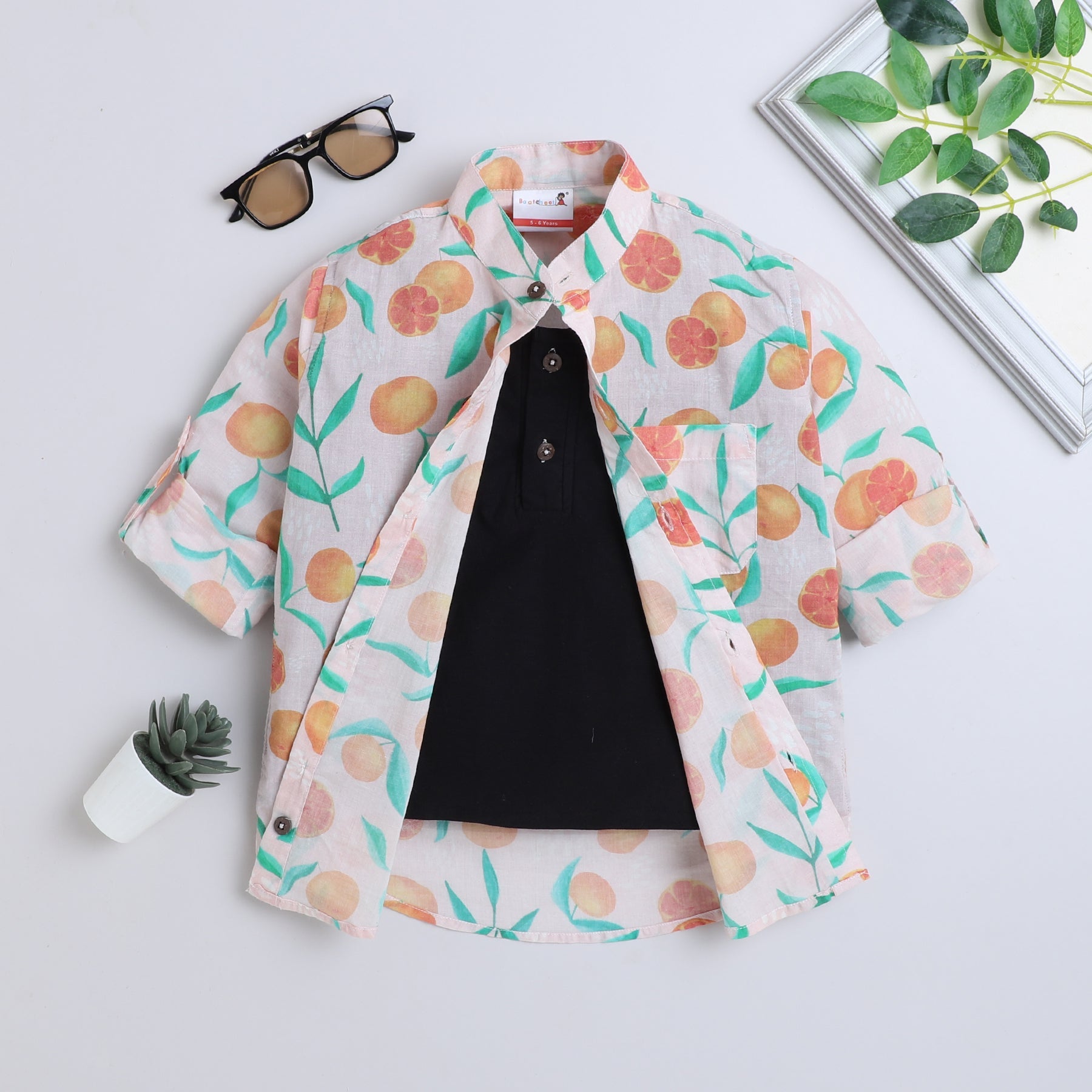 BAATCHEET Cotton Cambric Full Sleeves Orange Printed Shirt With Attached T-Shirt- Beige