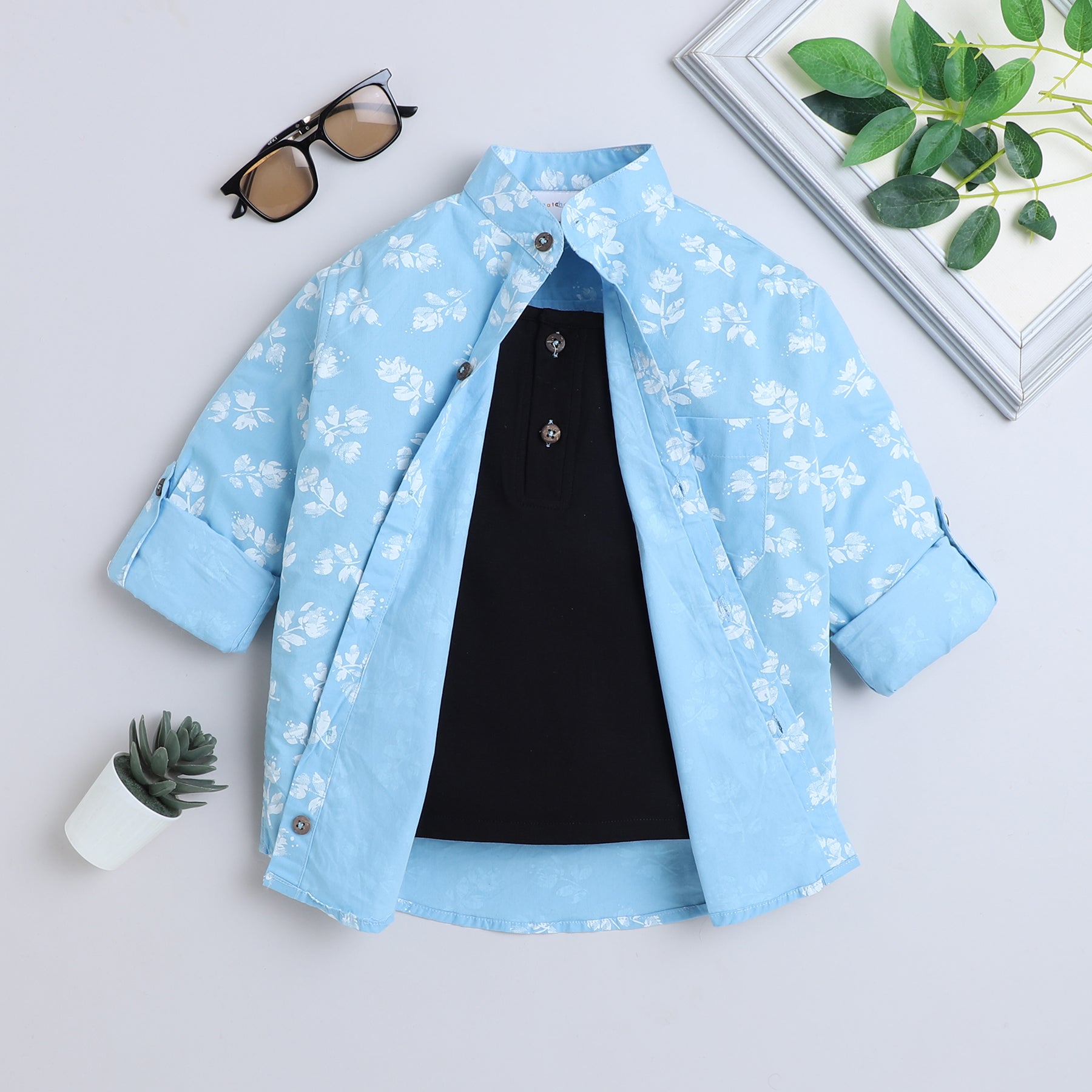 BAATCHEET Cotton Full Sleeves Blossom Printed Shirt With Attached T-shirt  - Blue