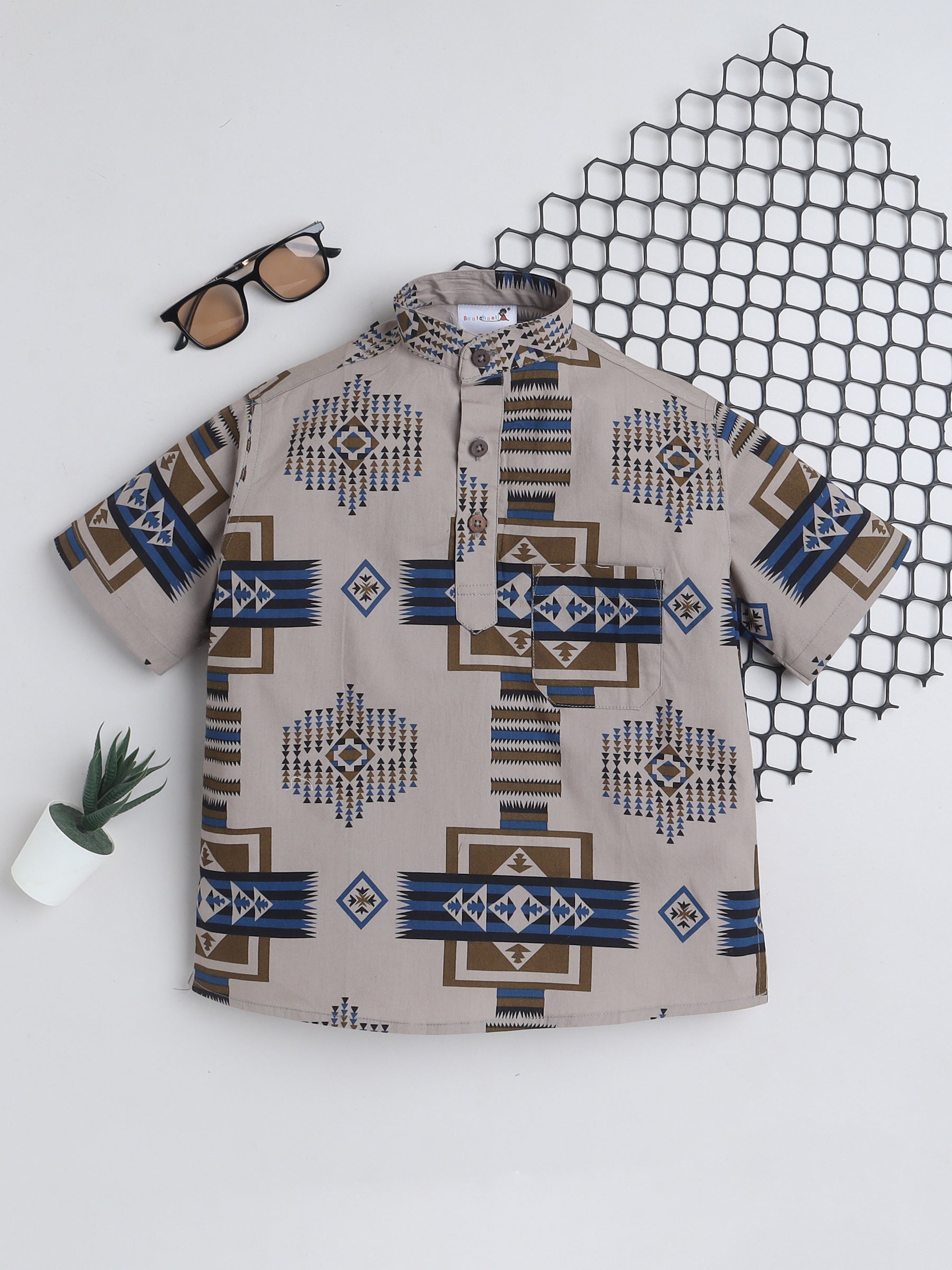 BAATCHEET Cotton Half Sleeves Abstract Printed  Shirt Style Kurta  - Brown