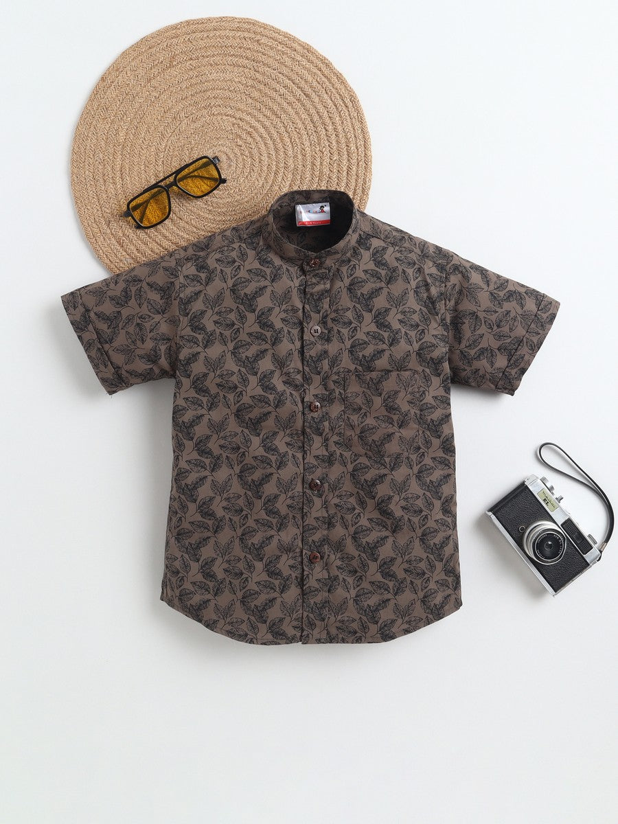 BAATCHEET Cottton Half Sleeves Leaf Printed Shirt- Brown