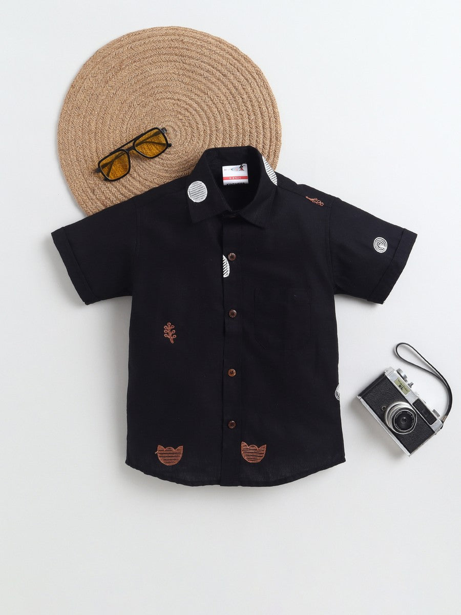 BAATCHEET Cottton Half Sleeves Embroided Shirt- Black