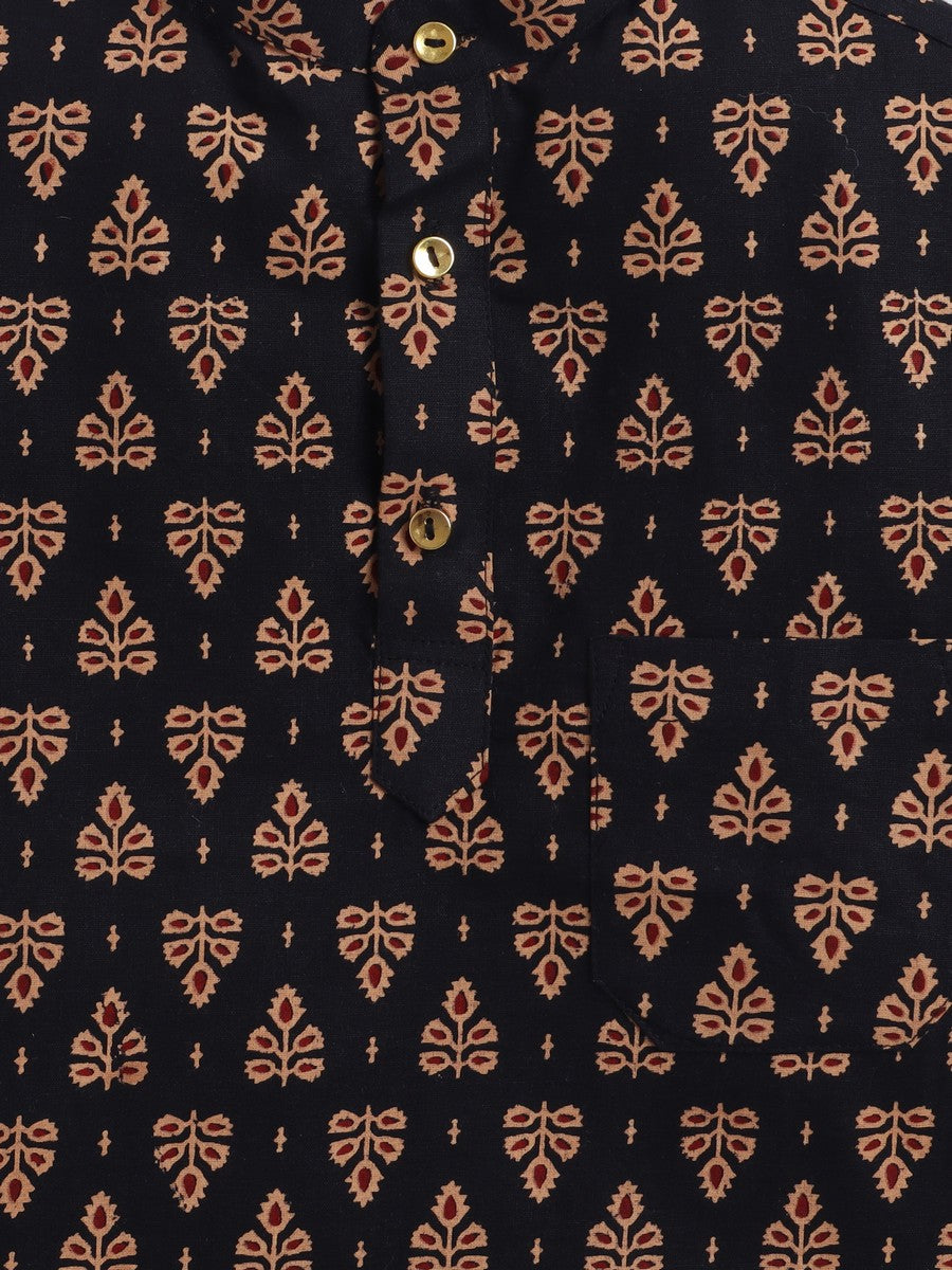 BAATCHEET Cottton  Half Sleeves Jaipuri Printed Short Kurta  - Black