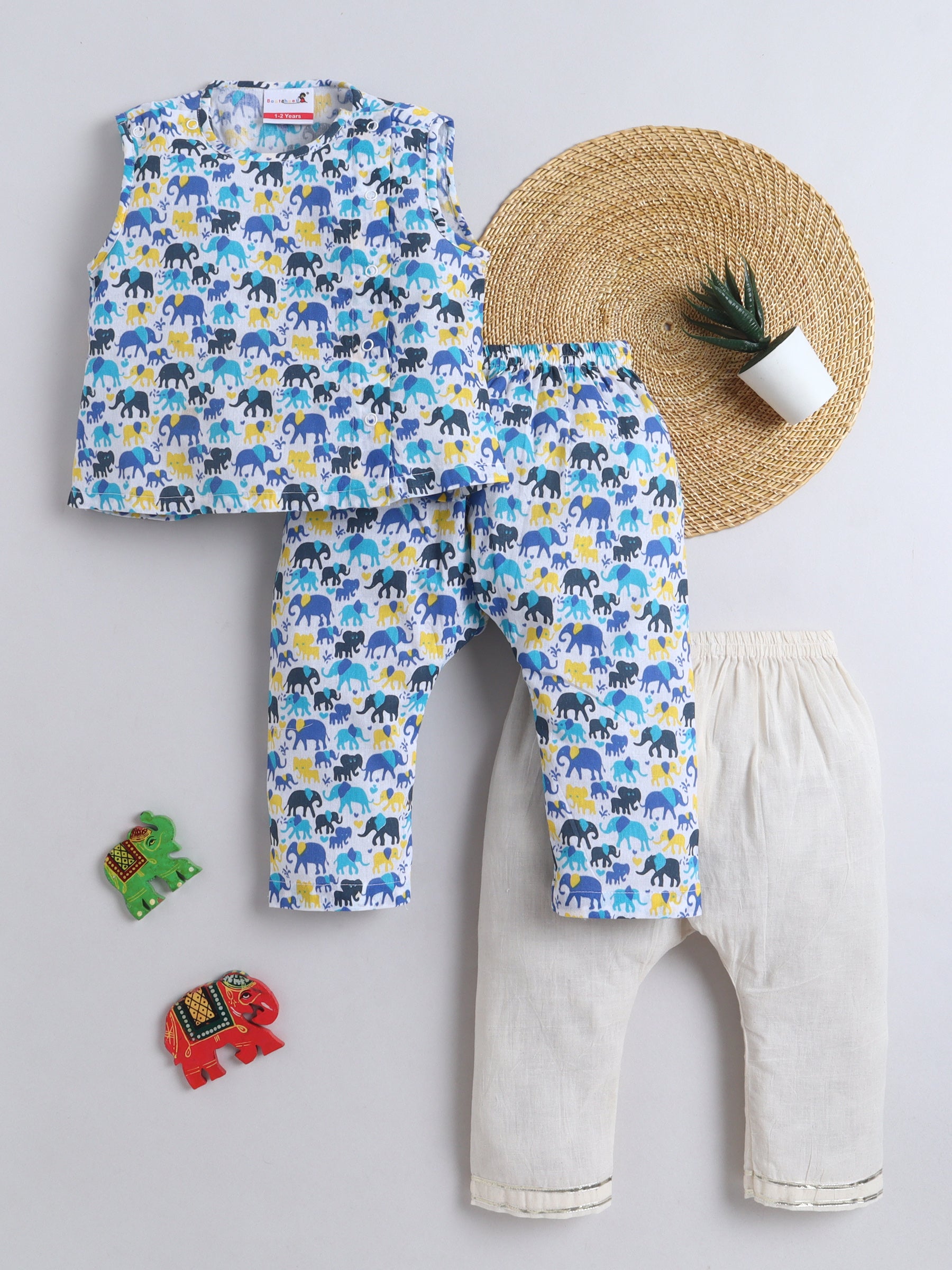 BAATCHEET Cottton Pack Of 3 Sleeveless Elephant Printed Jhabla Pyjamas Set- Blue