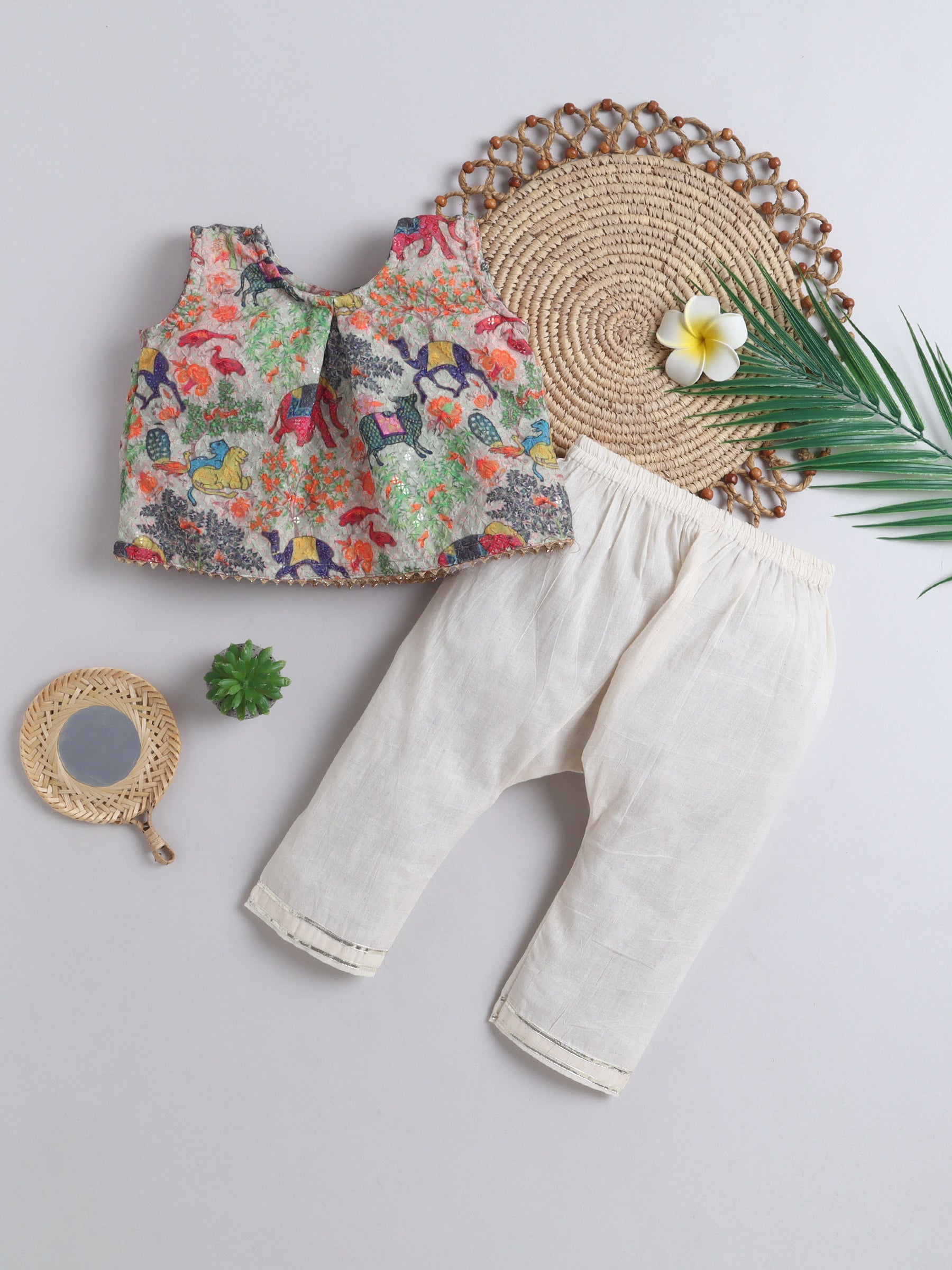 BAATCHEET Cottton  Sleeveless Digital Print Top and Pajama- Beige