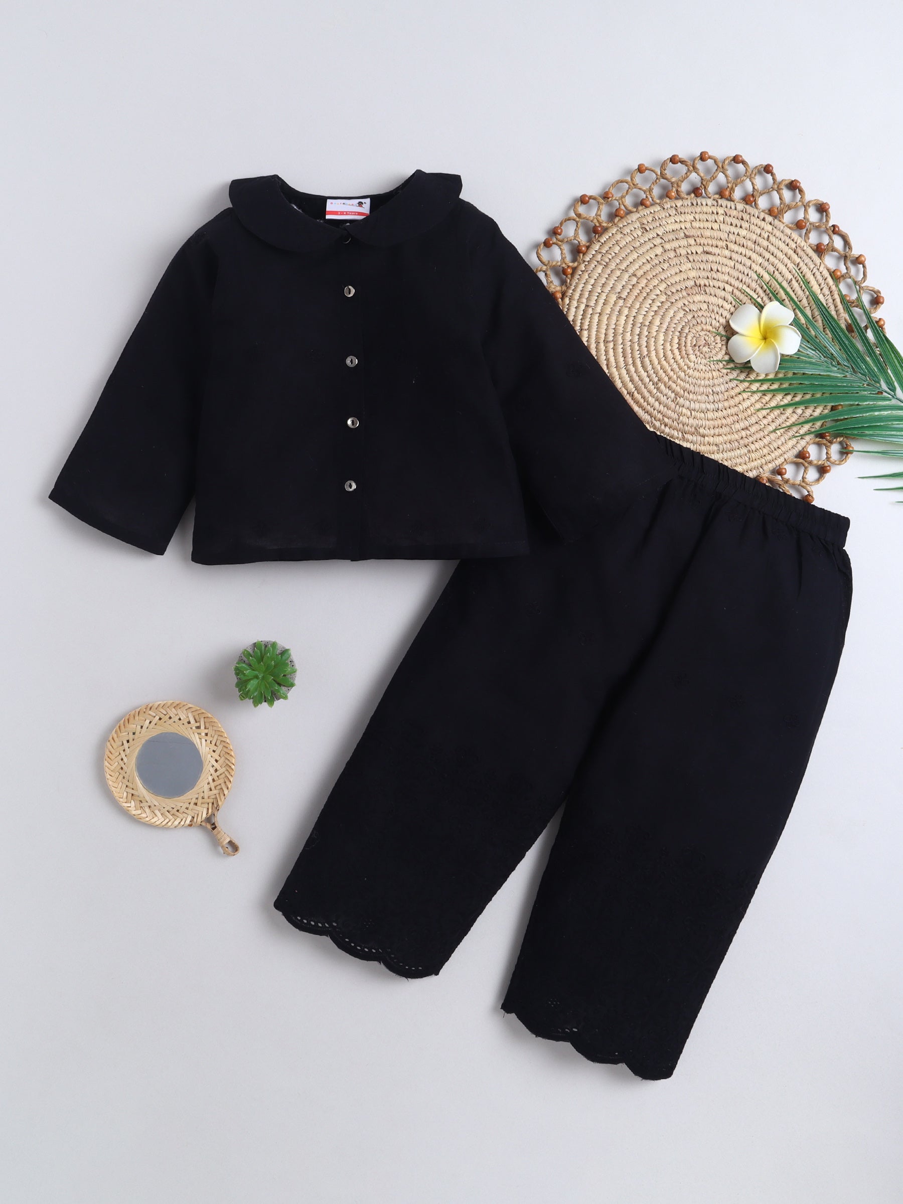 BAATCHEET Cottton Three Fourth Sleeves  Peterpan Collar Top and Pant set - Black
