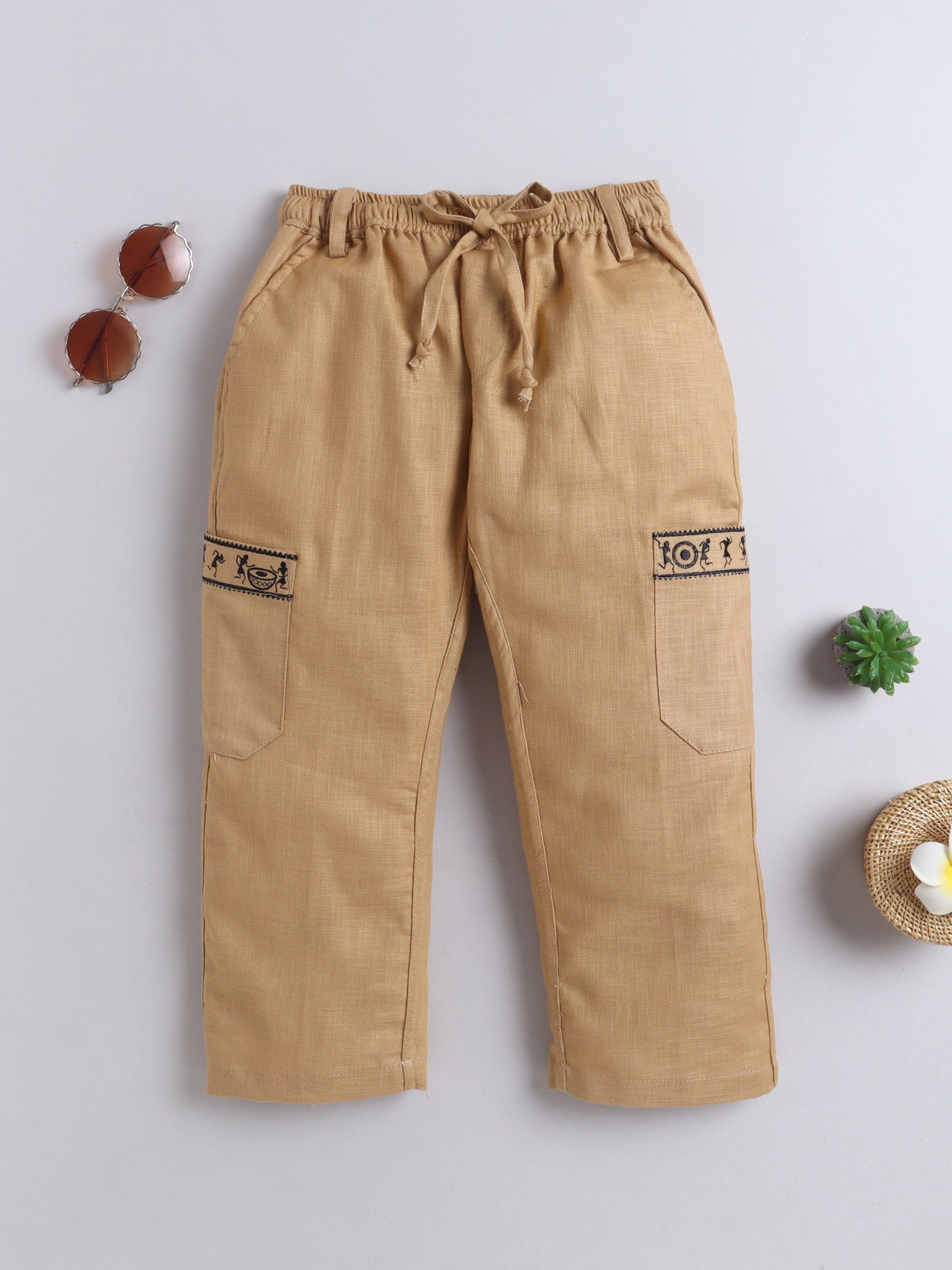BAATCHEET Cotton Full Length Tribal Embroided Jogger - Beige