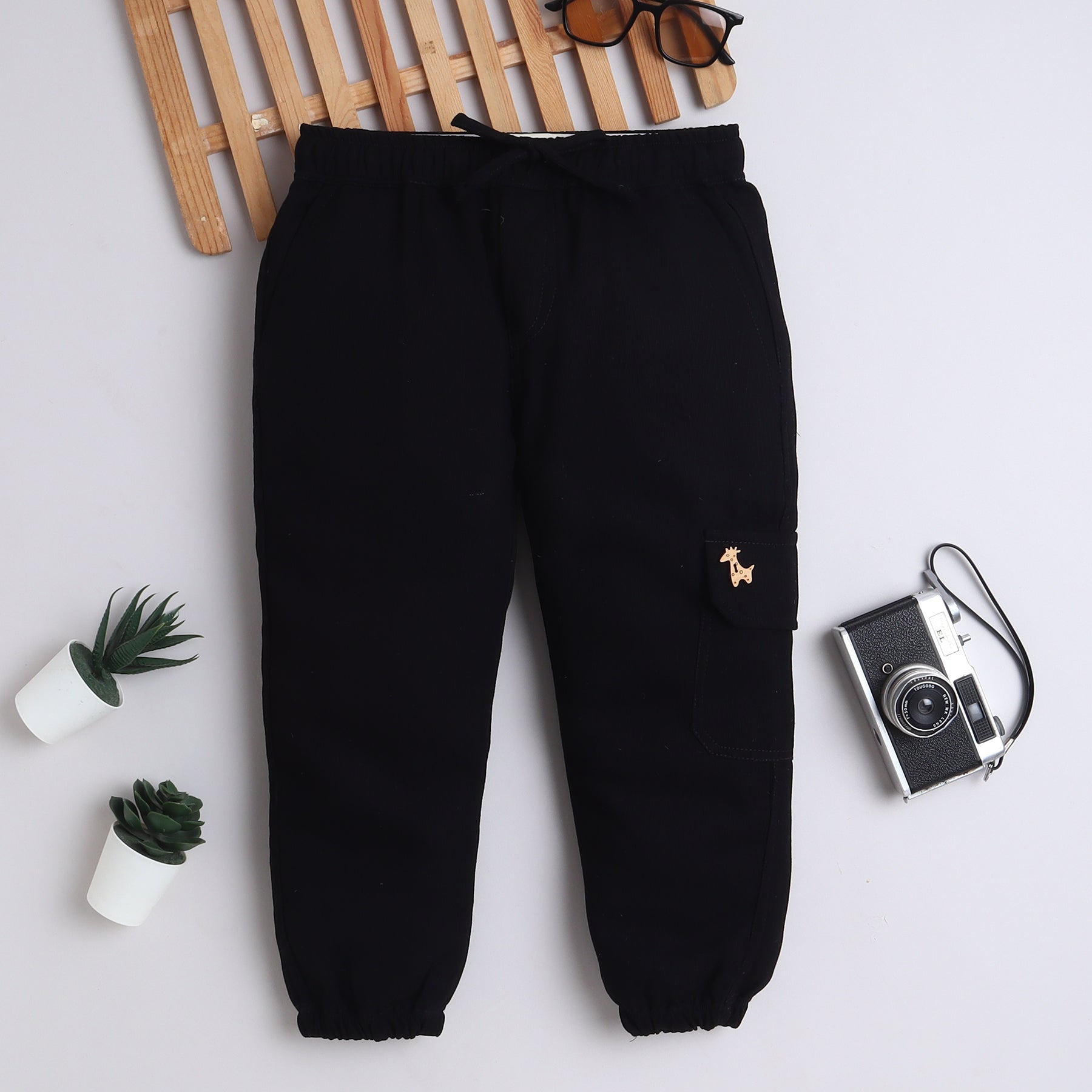BAATCHEET Cotton Full Length Flap Pocket Giraffe Button Jogger  - Black