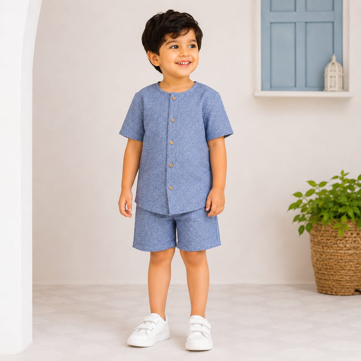 BAATCHEET Cottton Woven Half Sleeves Abstract Printed  Shirt With Shorts Set - Blue