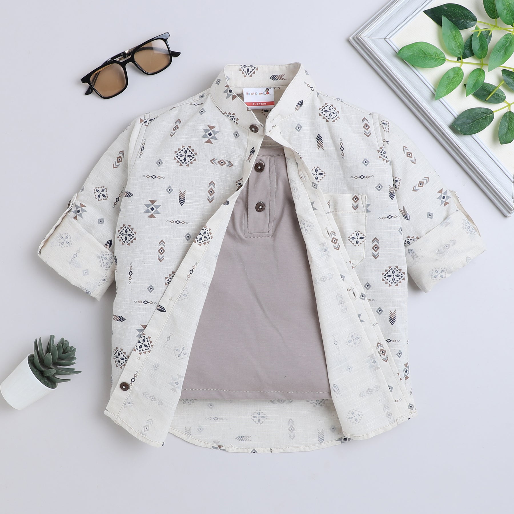BAATCHEET Cotton Full Sleeves Motif Printed Shirt With Attached T-shirt  - Beige