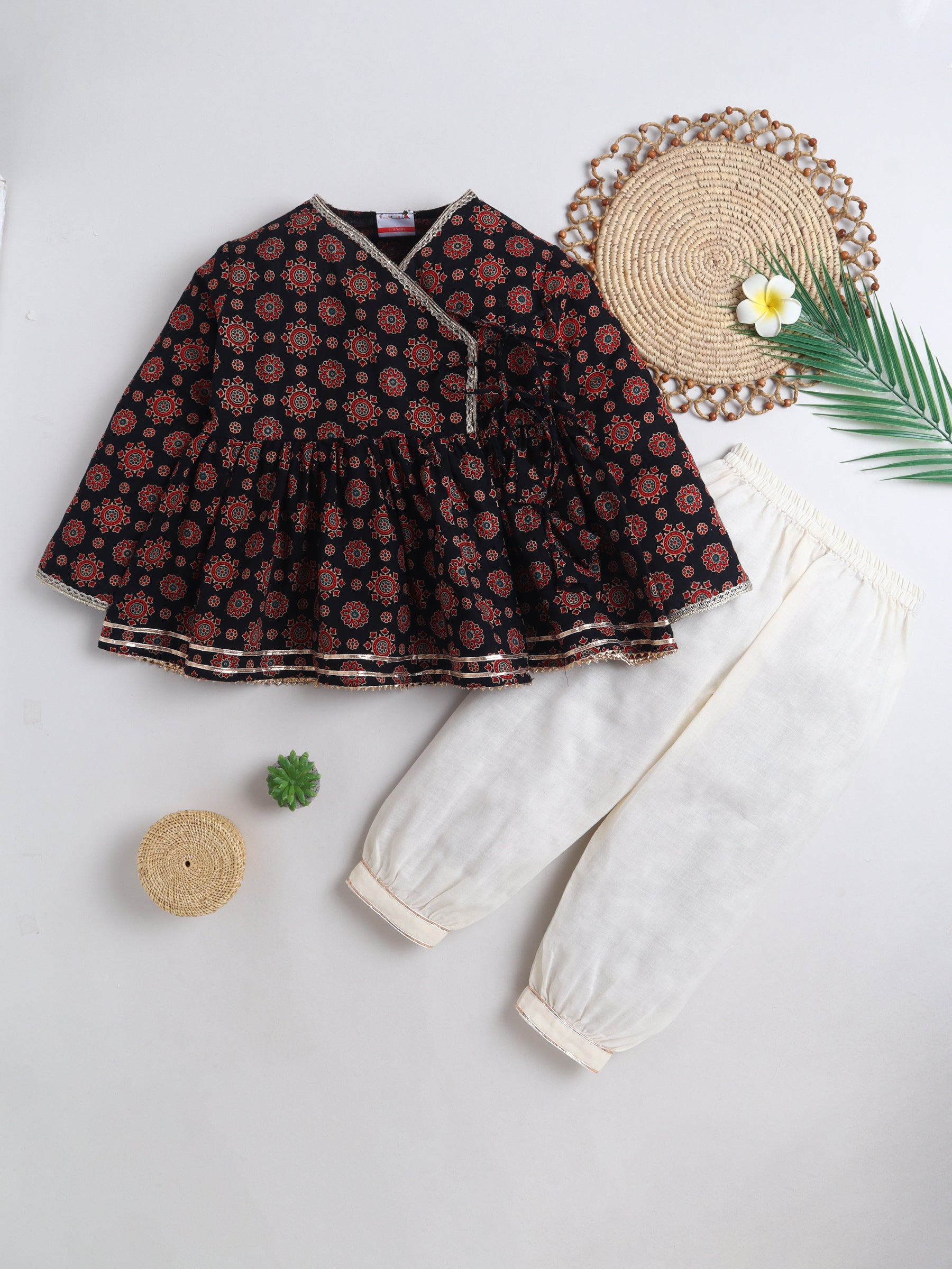 BAATCHEET Cotton Woven Three Fourth Sleeves Ajrakh Printed Angrakha  Kurta and Pajama Set - Black