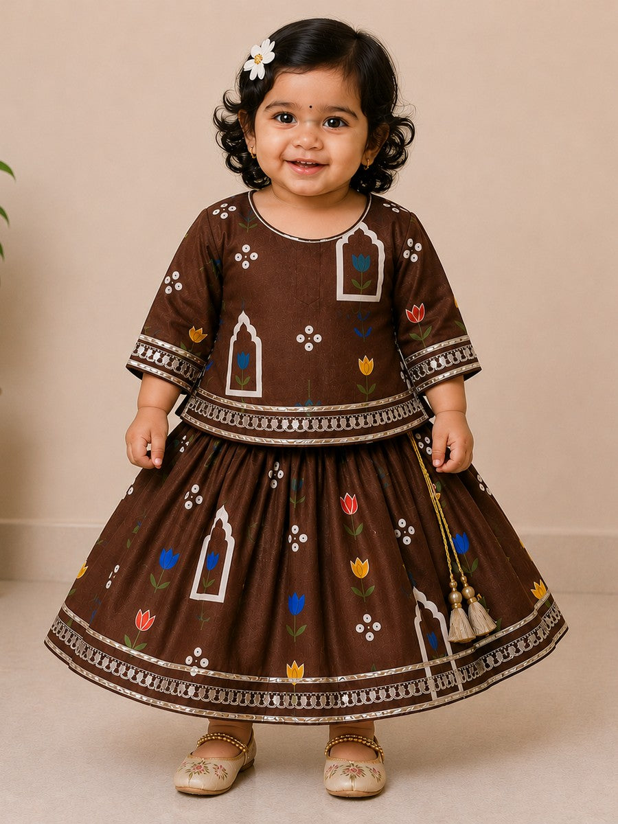 BAATCHEET Cottton Woven Three Fourth Sleeves Printed Embellished Choli Lehnga Set  - Brown