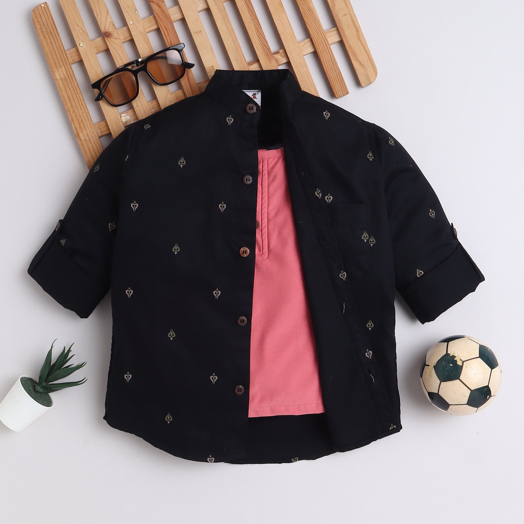 BAATCHEET Cotton Full Sleeves Motif Printed Shirt With Attached T-Shirt- Black