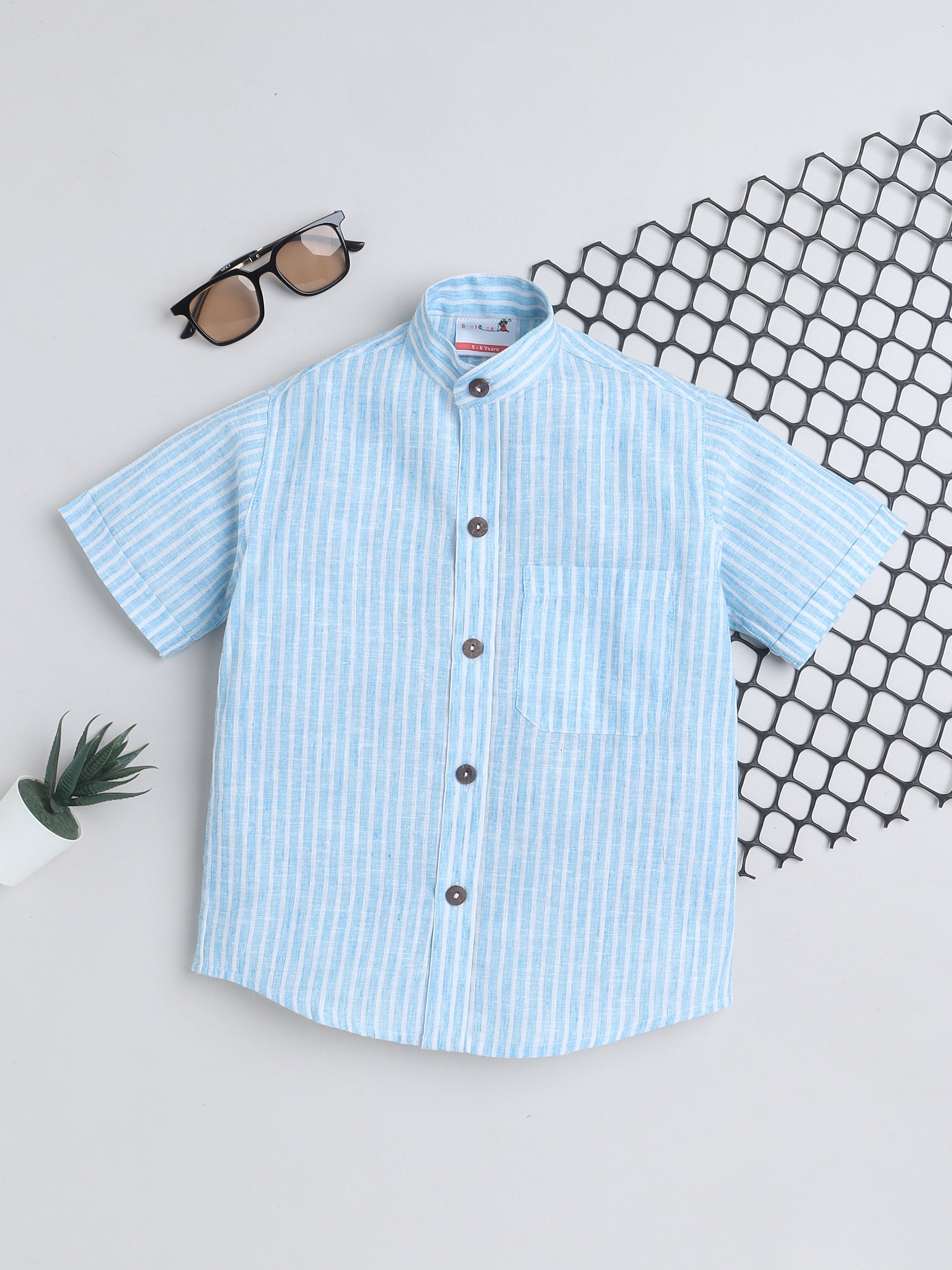 BAATCHEET Cotton Linen  Half Sleeves Striped Shirt  - Blue