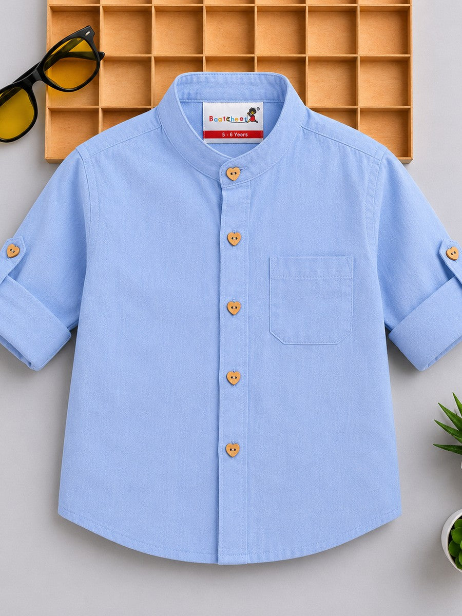 BAATCHEET Cottton Woven Full Sleeves Muslin Solid Shirt With Heart Button- Blue