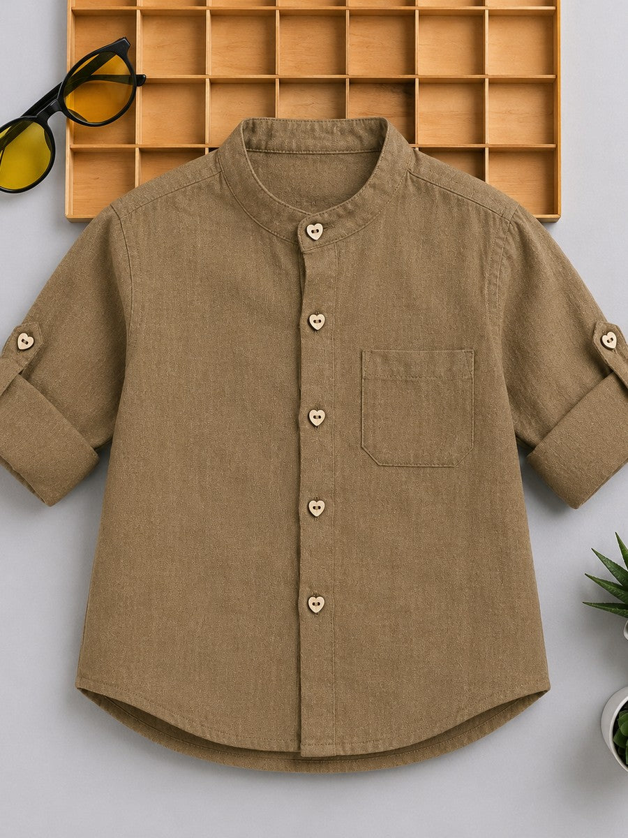 BAATCHEET Cottton Woven Full Sleeves Muslin Solid Shirt With Heart Button- Brown