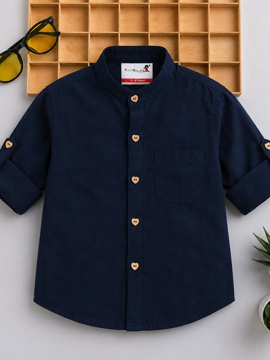 BAATCHEET Cottton Woven Full Sleeves Muslin Solid Shirt With Heart Button- Navy