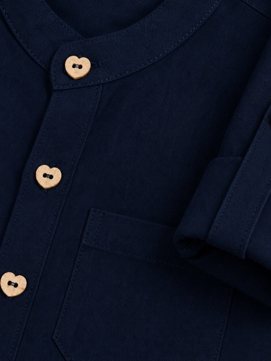 BAATCHEET Cottton Woven Full Sleeves Muslin Solid Shirt With Heart Button- Navy