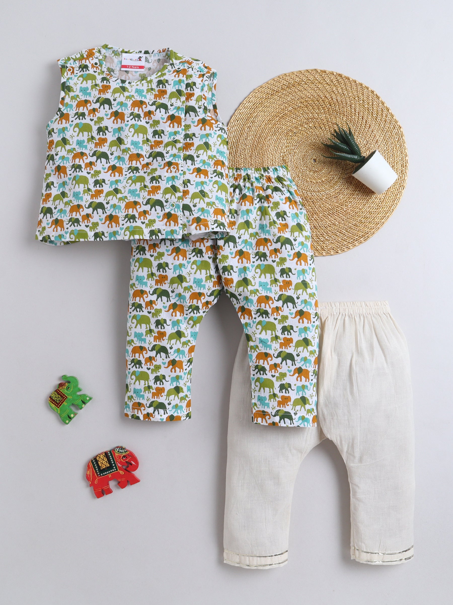 BAATCHEET Cottton Pack Of 3 Sleeveless Elephant Printed Jhabla Pyjamas Set- Green