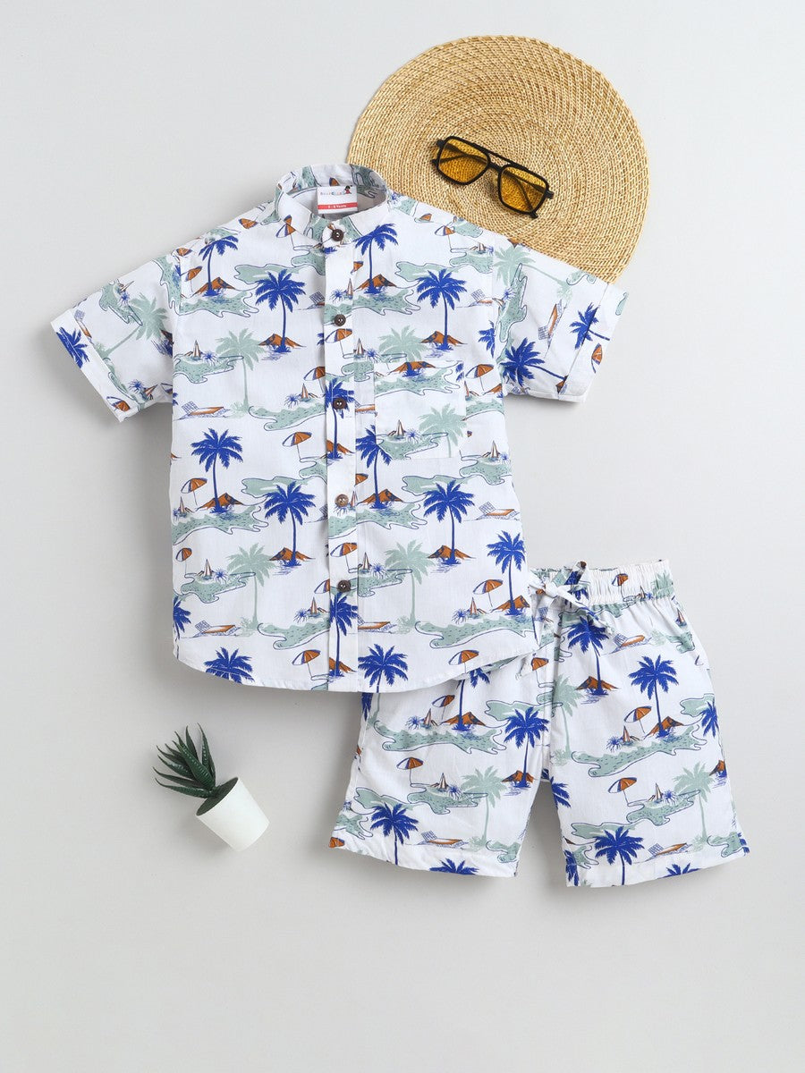 BAATCHEET Cottton  Half Sleeves Beach Theme Printed Shirt With Shorts Set- Green