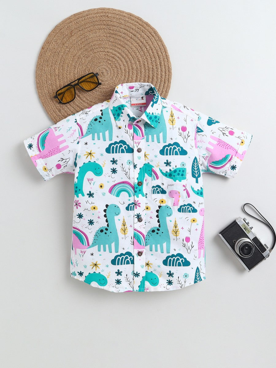 BAATCHEET Cottton Half Sleeves Dino Printed Shirt- Green