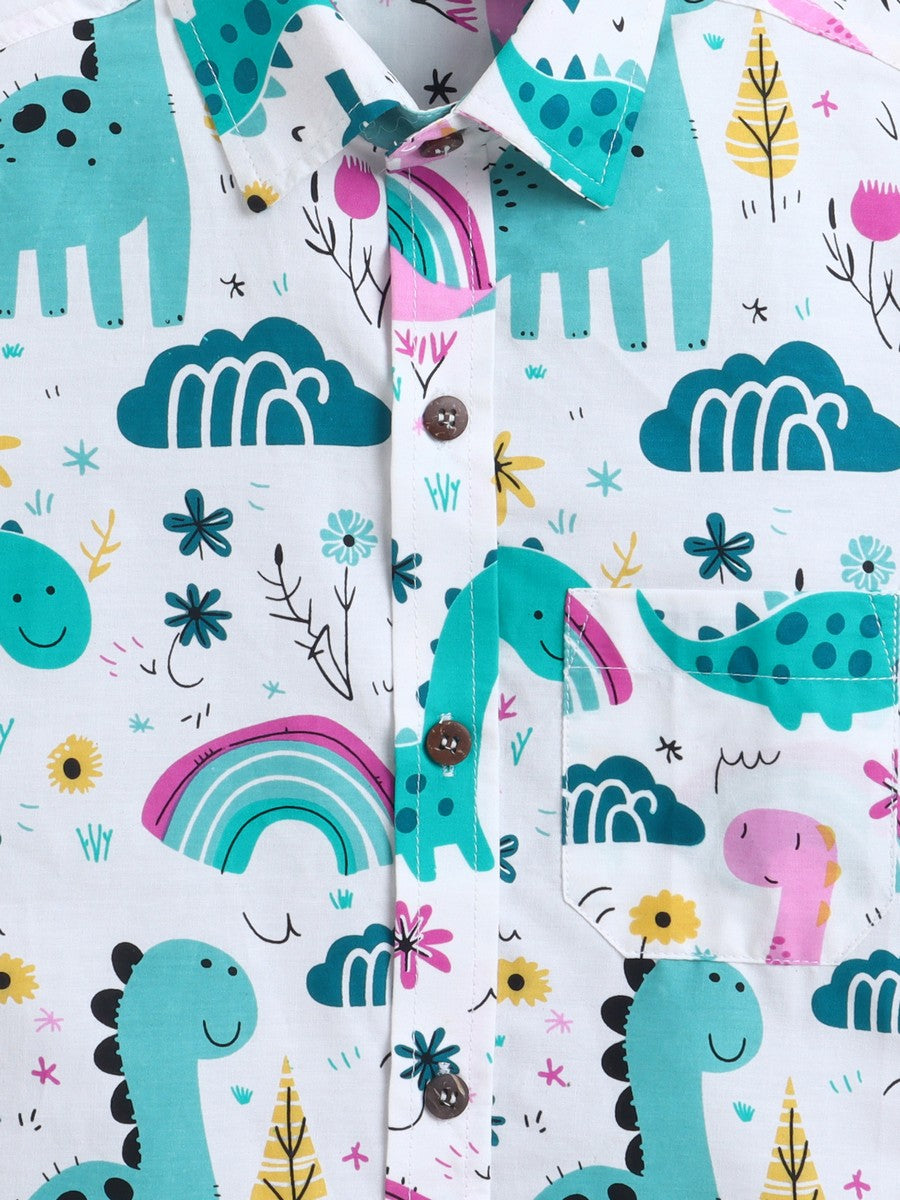 BAATCHEET Cottton Half Sleeves Dino Printed Shirt- Green